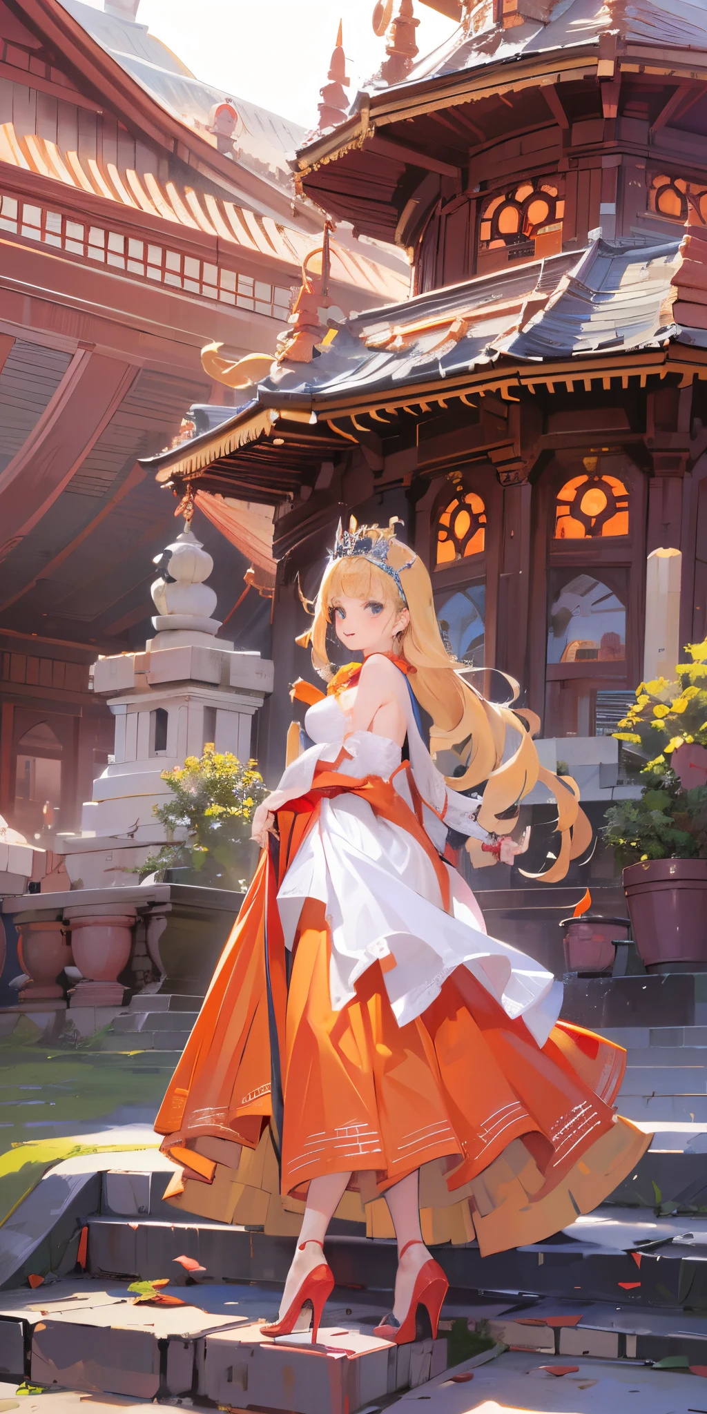 Adult Woman, Long dark blonde wavy hair、Red dress, Puffy nipple、(Long flared skirt),、beautiful tiara、耳环、Medium milk, cute smile face、Poses that emphasize the buttocks、(turned around)、sexy hips、Red high heels、a castle yard、sexy pose、(((The skirt is rolled up by the wind)))、((sexy orange lace panties))