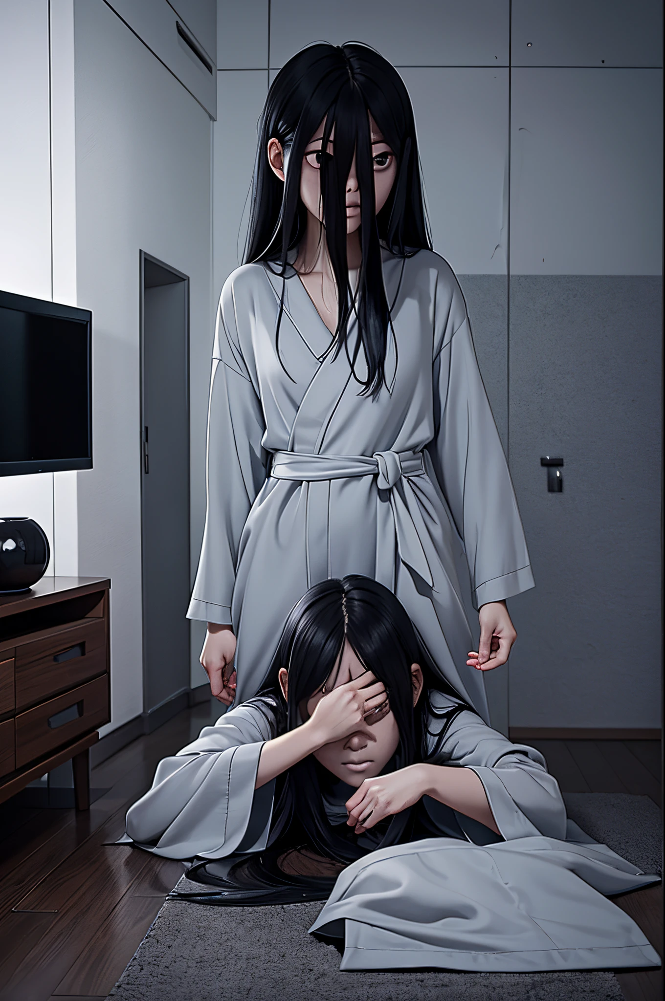 Sadako, soaking, wet robe, gray colored skin, Hair covers the face, sexy for.Sadako crawled out of the TV，A woman lying on the floor in front of the TV, japanese horror, style of hajime isayama, japanese horror movie footage, Junji Ito 4K, japanese pop surrealism