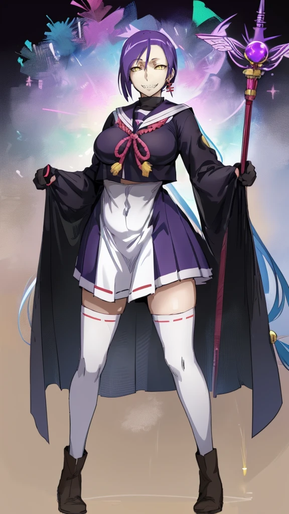 1girl, solo, looking at viewer, cowboy shot, hand arms full body,boots, standing,cute,breast, curvy, female,fantasy goddess,there is a cartoon picture of a woman with a very large breast, glowing divine being, glowing holy aura, inspired by Luma Rouge, the non-binary deity of spring, ethereal rainbow nimbus, the butterfly goddess of fire, inspired by Mariel, glowing aura around her, astral wind, as the goddess of the saturn, “uwu the prismatic person, big breast, serious, beautiful eyes, , full body, walking, long robe, long dress, ,priestess ,holy, smile, god rays, ray tracing, sparkle, cinematic lighting, UHD, retina, masterpiece, ccurate, anatomically correct, textured skin, super detail, high details, high quality, award winning, best quality, highres, 1080P, HD, 4K, thunder aura, light aura,full, snak staff,closed mouth,#anime #character #re:creators #magane chikujoin Trigger Words: chikujoin magane sharp teeth single braid school uniform serafuku pleated skirt thighhighs gloves earrings Version No.:, long skirt, sharpteeth smile