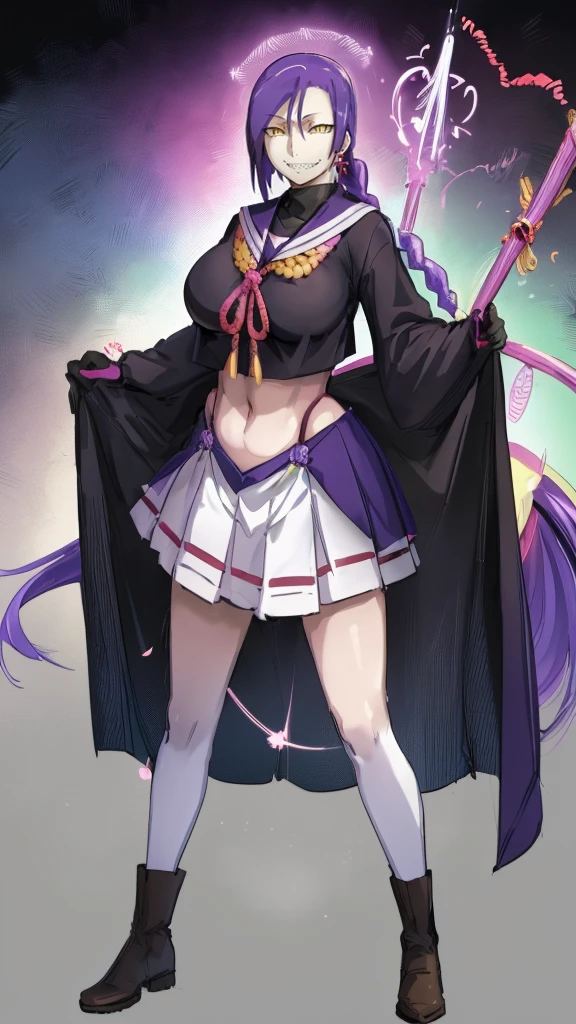 1girl, solo, looking at viewer, cowboy shot, hand arms full body,boots, standing,cute,breast, curvy, female,fantasy goddess,there is a cartoon picture of a woman with a very large breast, glowing divine being, glowing holy aura, inspired by Luma Rouge, the non-binary deity of spring, ethereal rainbow nimbus, the butterfly goddess of fire, inspired by Mariel, glowing aura around her, astral wind, as the goddess of the saturn, “uwu the prismatic person, big breast, serious, beautiful eyes, , full body, walking, long robe, long dress, ,priestess ,holy, smile, god rays, ray tracing, sparkle, cinematic lighting, UHD, retina, masterpiece, ccurate, anatomically correct, textured skin, super detail, high details, high quality, award winning, best quality, highres, 1080P, HD, 4K, thunder aura, light aura,full, snak staff,closed mouth,#anime #character #re:creators #magane chikujoin Trigger Words: chikujoin magane sharp teeth single braid school uniform serafuku pleated skirt thighhighs gloves earrings Version No.:, long skirt, sharpteeth smile