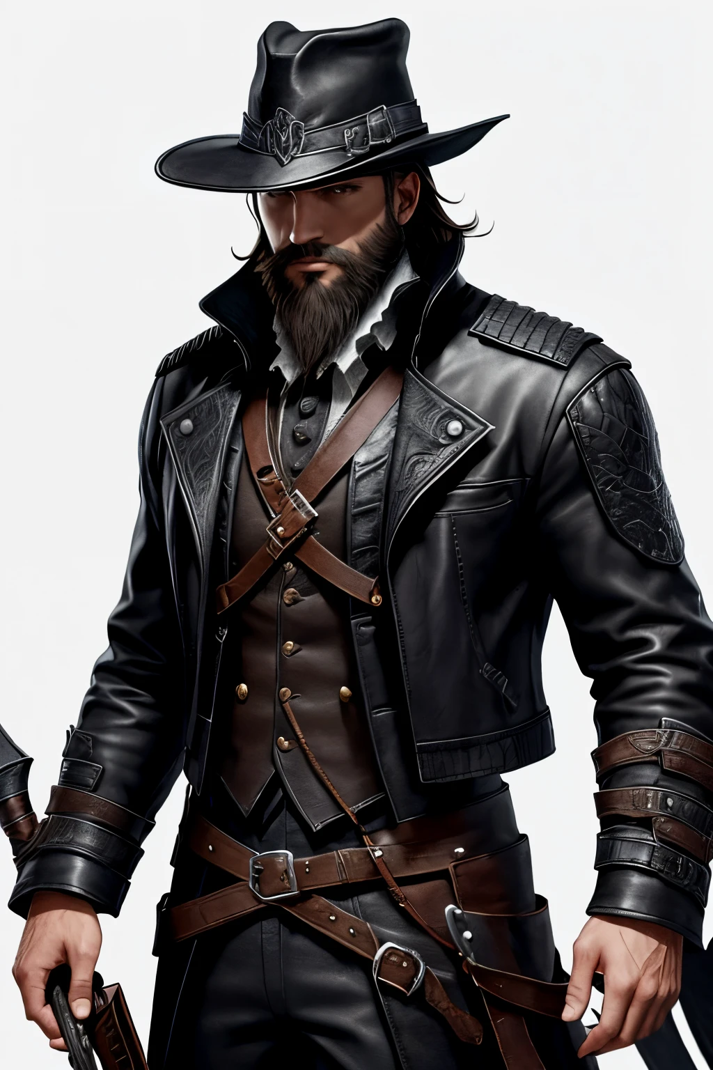 1 man, handsome, beard, hat, black leather jacket, bloodborne theme, white background, full body view, detailed clothes, detailed hat, detailed face