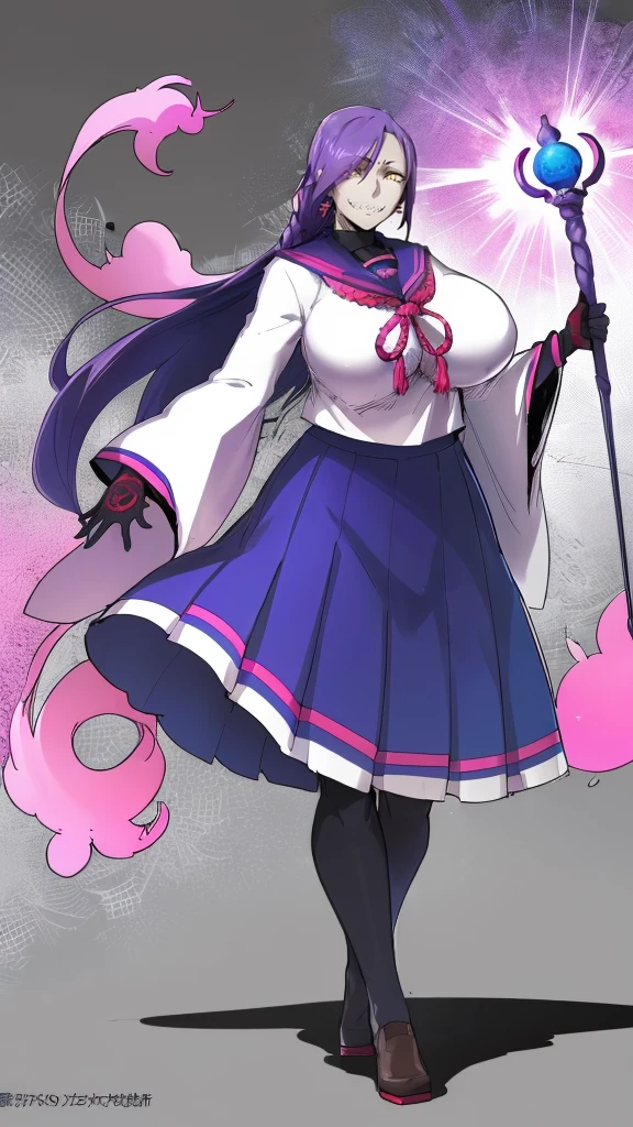 1girl, solo, looking at viewer, cowboy shot, hand arms full body,boots, standing,cute,breast, curvy, female,fantasy goddess,there is a cartoon picture of a woman with a very large breast, glowing divine being, glowing holy aura, inspired by Luma Rouge, the non-binary deity of spring, ethereal rainbow nimbus, the butterfly goddess of fire, inspired by Mariel, glowing aura around her, astral wind, as the goddess of the saturn, “uwu the prismatic person, big breast, serious, beautiful eyes, , full body, walking, long robe, long dress, ,priestess ,holy, smile, god rays, ray tracing, sparkle, cinematic lighting, UHD, retina, masterpiece, ccurate, anatomically correct, textured skin, super detail, high details, high quality, award winning, best quality, highres, 1080P, HD, 4K, thunder aura, light aura,full, snak staff,closed mouth,#anime #character #re:creators #magane chikujoin Trigger Words: chikujoin magane sharp teeth single braid school uniform serafuku pleated skirt thighhighs gloves earrings Version No.:, long skirt, sharpteeth smile