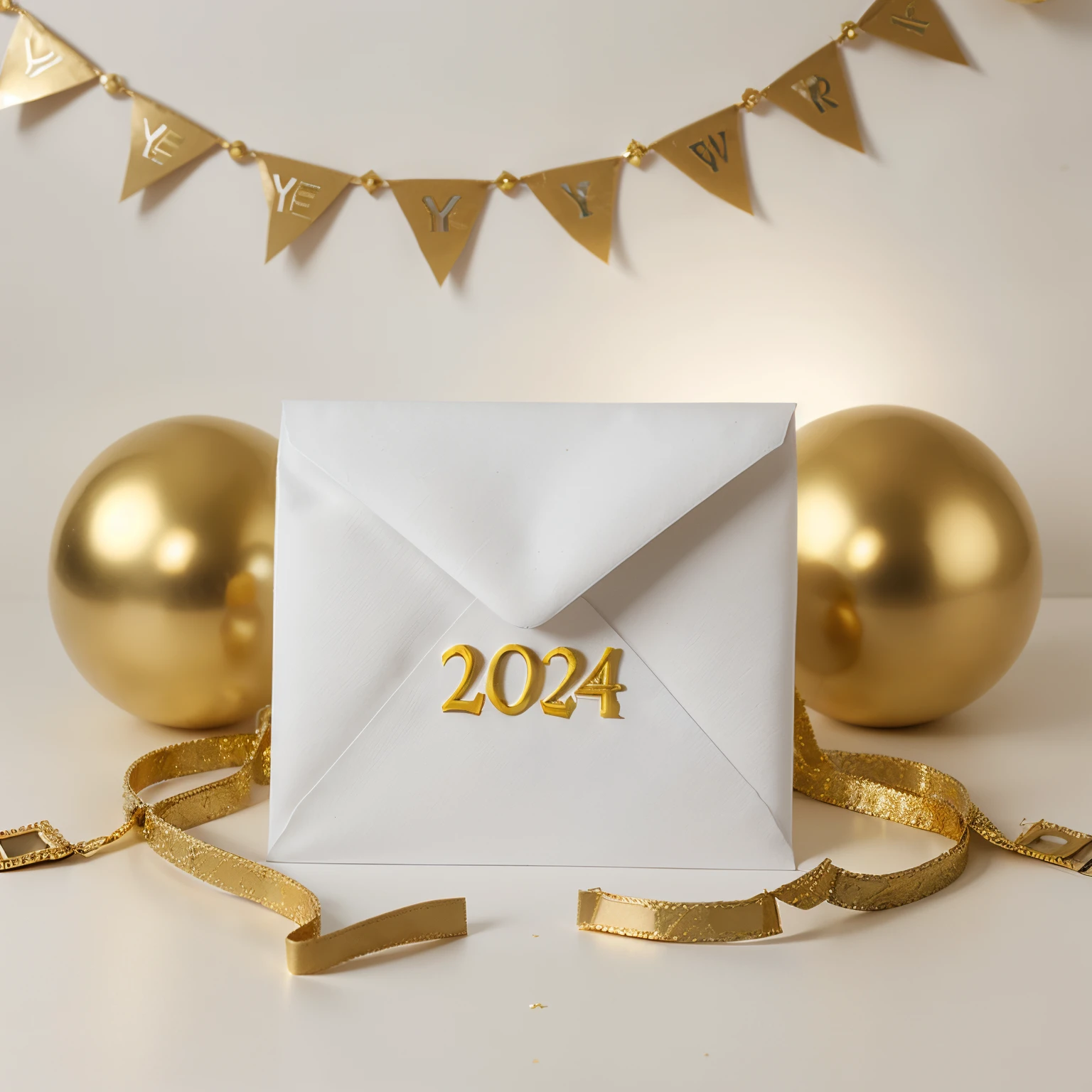 New Year&#39;paper white open envelope, decorated with New Year&#39;balls and garland on a white background, volumetric gold numbers 2024