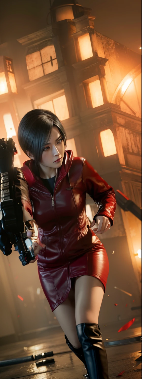 Woman, Ada wong, panic expression, wearing mini reddress with hoody, black nails polish