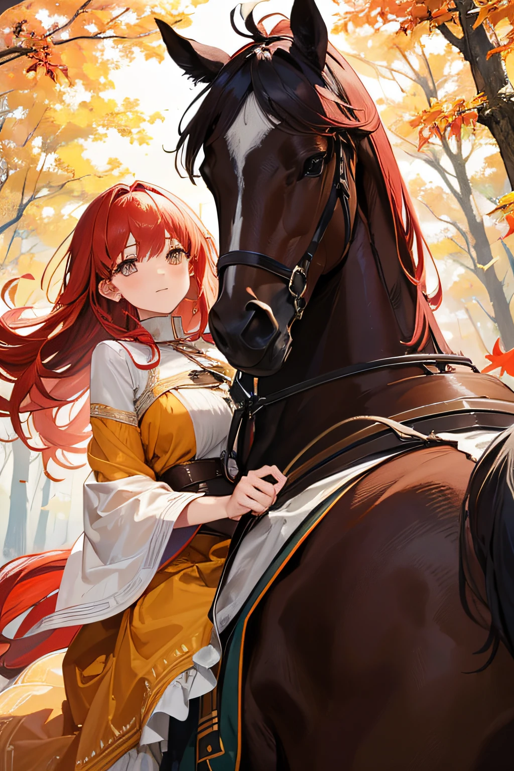 a girl with vibrant red hair, riding a majestic horse in the midst of a picturesque autumn landscape. The girl is wearing a flowing dress that matches the fiery hues of the leaves falling from the trees. The sunlight dances through the branches, casting warm golden rays upon the girl and her horse. The girl's eyes are filled with joy and excitement as she gallops freely, her hair billowing behind her in the breeze. The scene is filled with the rich colors of autumn - oranges, yellows, and deep reds - creating a sense of warmth and coziness. The horse exudes strength and elegance, its mane flowing gracefully as it moves. The bond between the girl and her horse is evident, as they move in perfect harmony. The surrounding landscape is a stunning mix of towering trees, their branches adorned with vibrant foliage. The ground is covered in a carpet of fallen leaves, creating a satisfying crunch beneath the hooves of the horse. The air is crisp and the sky is adorned with fluffy white clouds, contrasting against the vivid blue backdrop. The atmosphere is serene, inviting the viewer to step into this idyllic autumn scene. (best quality, 4k, highres, ultra-detailed),ultra-fine painting,realistic,fall colors, vibrant, golden sunlight, equestrian, harmonious bond, majestic horse, fiery red hair, flowing dress, picturesque landscape,autumnal beauty.