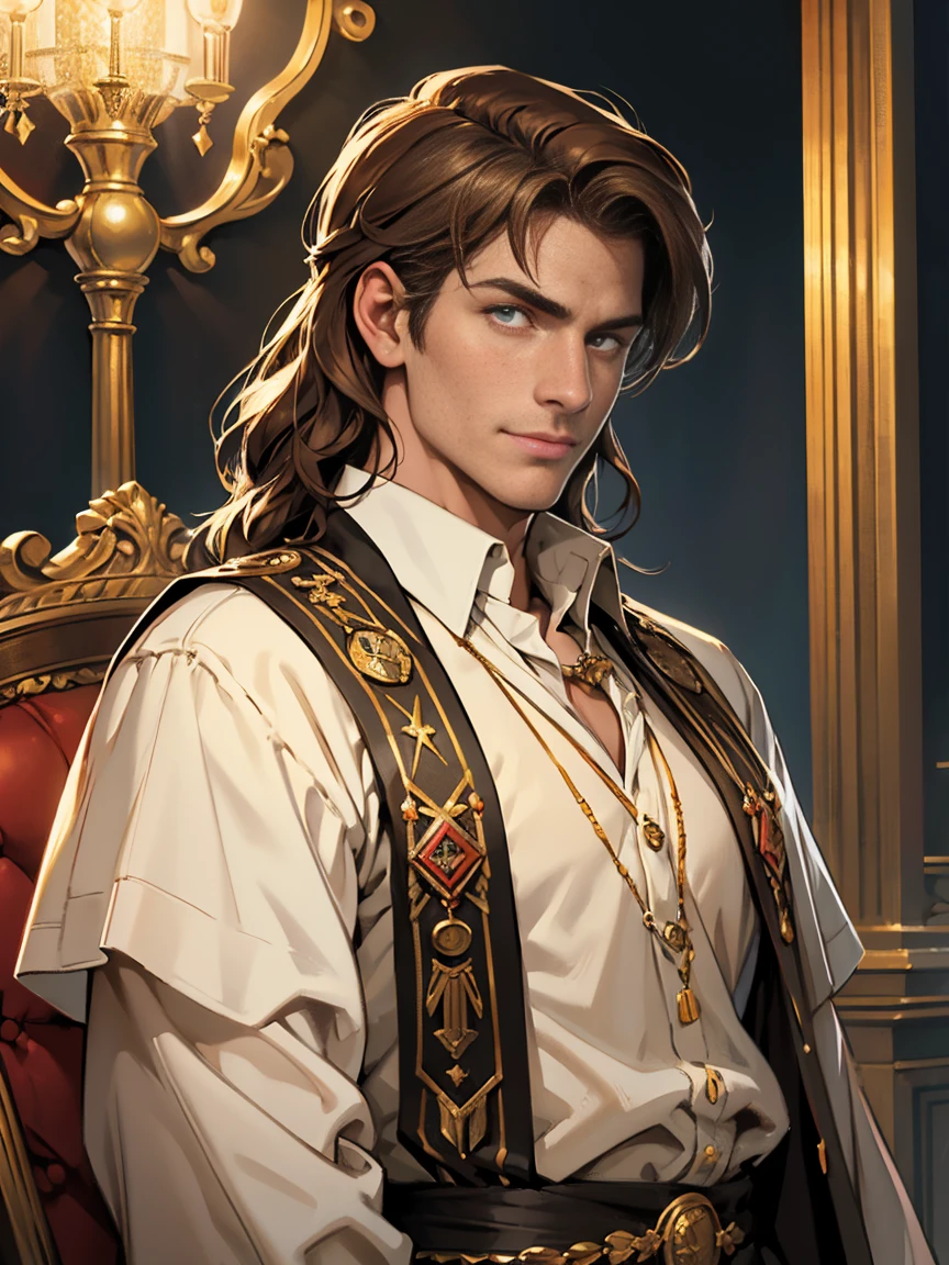 constantine the great,roman emperor,portrait,brown hair,bright,intense gaze,upturned eyes,prominent nose,sharp jawline,friendly smile,famous international journalist,warm travel writer,ambitious,passionate,strong-willed personality,honest,kind yet firm,unforgiving,elizabethan era costume,elizabethan ruff,authoritative pose,standing tall,confident,Jerusalem background,best quality,highres,masterpiece,ultra-detailed,realistic,vivid colors,professional lighting