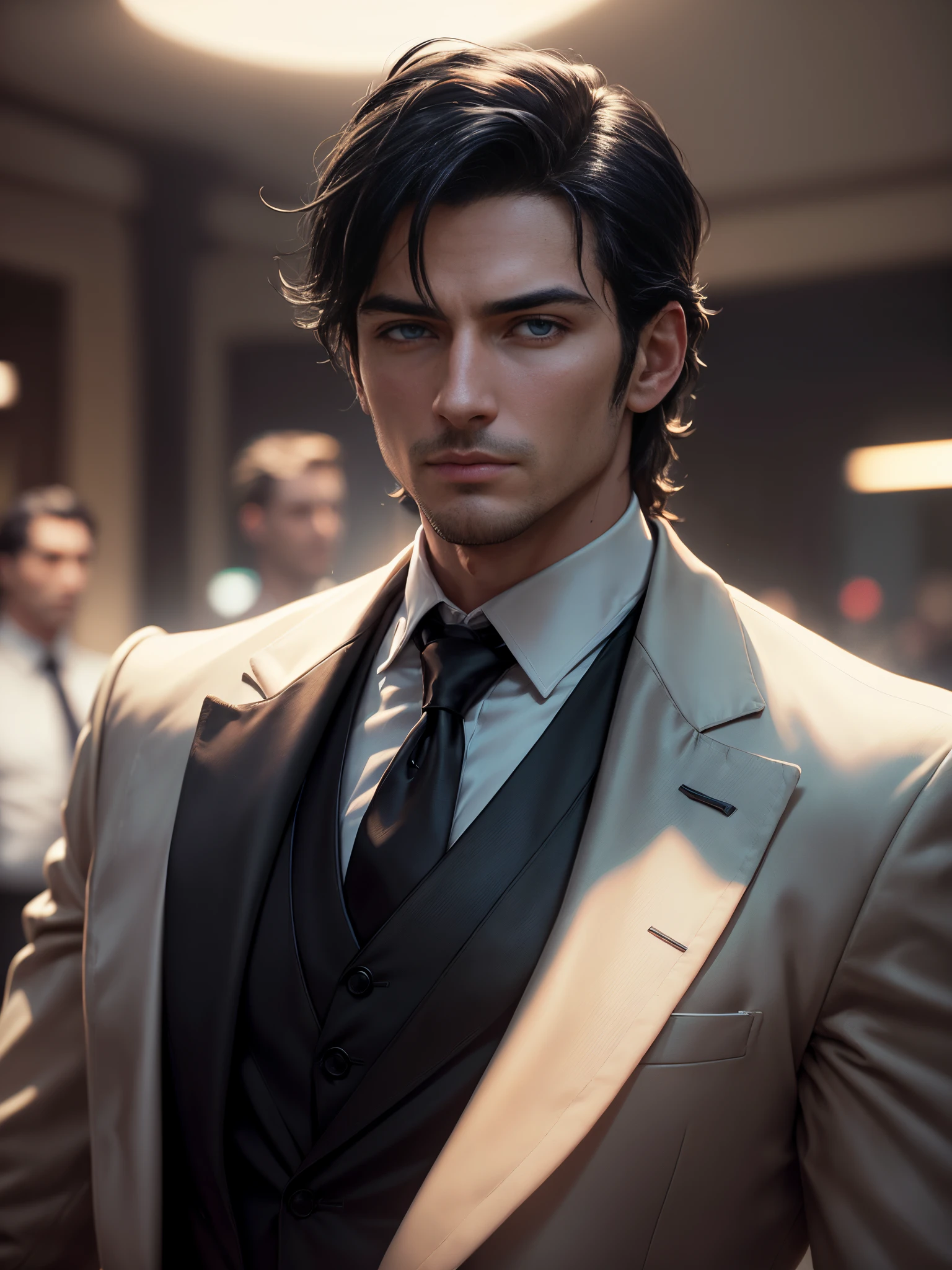 ((1male, solo, male_focus), CEO, ((Mafia boss)), medium black hair, hair pushed back, handsome face, full_body, high corporation, tanned skin, olive skin, Italian descend, Irish descend, mature, ((34 years old)), ice blue eyes, handsome, formal_attire)
(High-Definition, Sunlight:0.5, Soft_Shadows:0.5, Atmospheric_lighting, 8k, 4k, hyper-realistic, elegant, ((((cinematic appearance)))), soft tones,  soft cinematic lights, ((full body)))