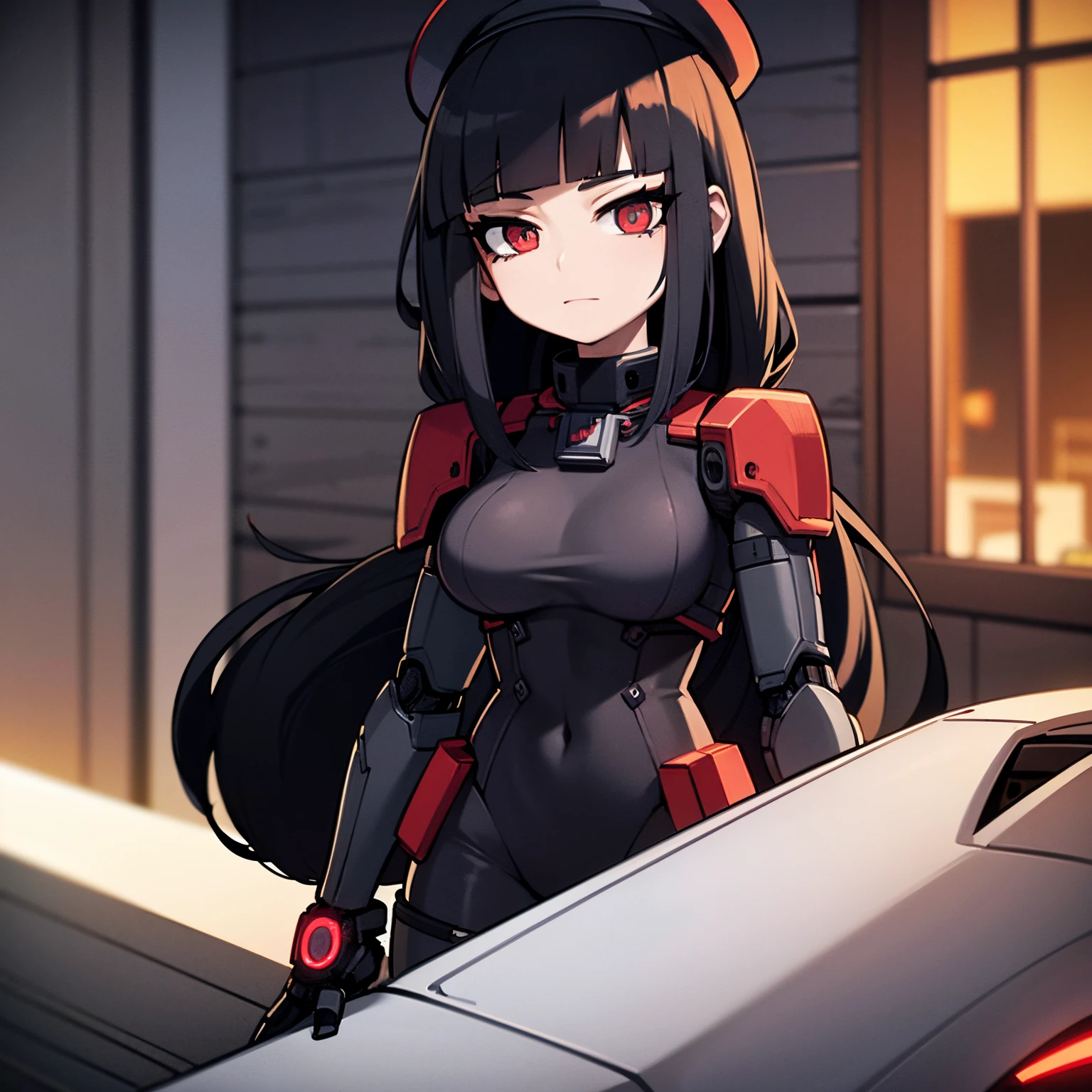 Young woman, dark blue hair, red eyes, goth girl, wearing black beret, mecha girl, robot girl, , robotic woman, metal in body, black iron, on a cyberpunk city, flying in jetpack, 4k, masterpiece, HD, anime 2D, good anathomy