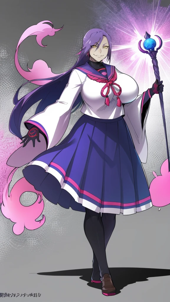 1girl, solo, looking at viewer, cowboy shot, hand arms full body,boots, standing,cute,breast, curvy, female,fantasy goddess,there is a cartoon picture of a woman with a very large breast, glowing divine being, glowing holy aura, inspired by Luma Rouge, the non-binary deity of spring, ethereal rainbow nimbus, the butterfly goddess of fire, inspired by Mariel, glowing aura around her, astral wind, as the goddess of the saturn, “uwu the prismatic person, big breast, serious, beautiful eyes, , full body, walking, long robe, long dress, ,priestess ,holy, smile, god rays, ray tracing, sparkle, cinematic lighting, UHD, retina, masterpiece, ccurate, anatomically correct, textured skin, super detail, high details, high quality, award winning, best quality, highres, 1080P, HD, 4K, thunder aura, light aura,full, snak staff,closed mouth,#anime #character #re:creators #magane chikujoin Trigger Words: chikujoin magane sharp teeth single braid school uniform serafuku pleated skirt thighhighs gloves earrings Version No.:, long skirt, sharpteeth smile