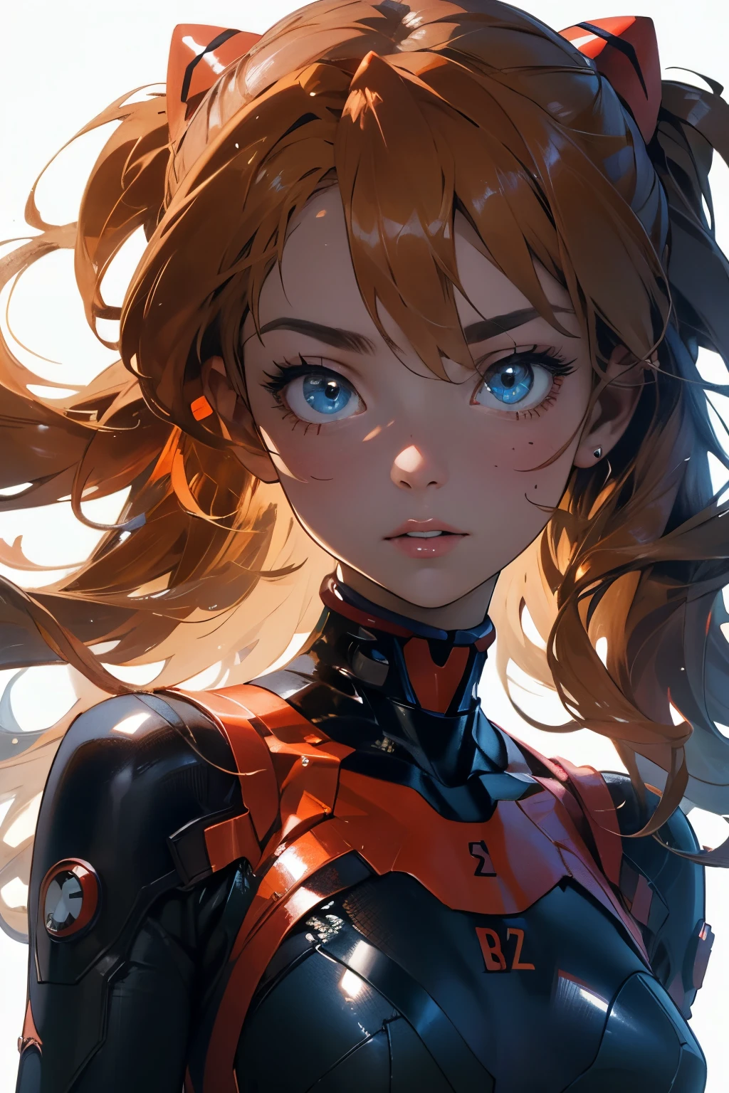 official art, unity 8k wallpaper, ultra detailed, beautiful and aesthetic, masterpiece, best quality, realistic, close-up, skindentation, souryuu asuka langley, interface headset, bodysuit under clothes, detailed eyes, detailed face, detailed hair, black background, straight-on, looking at viewer, glossy,