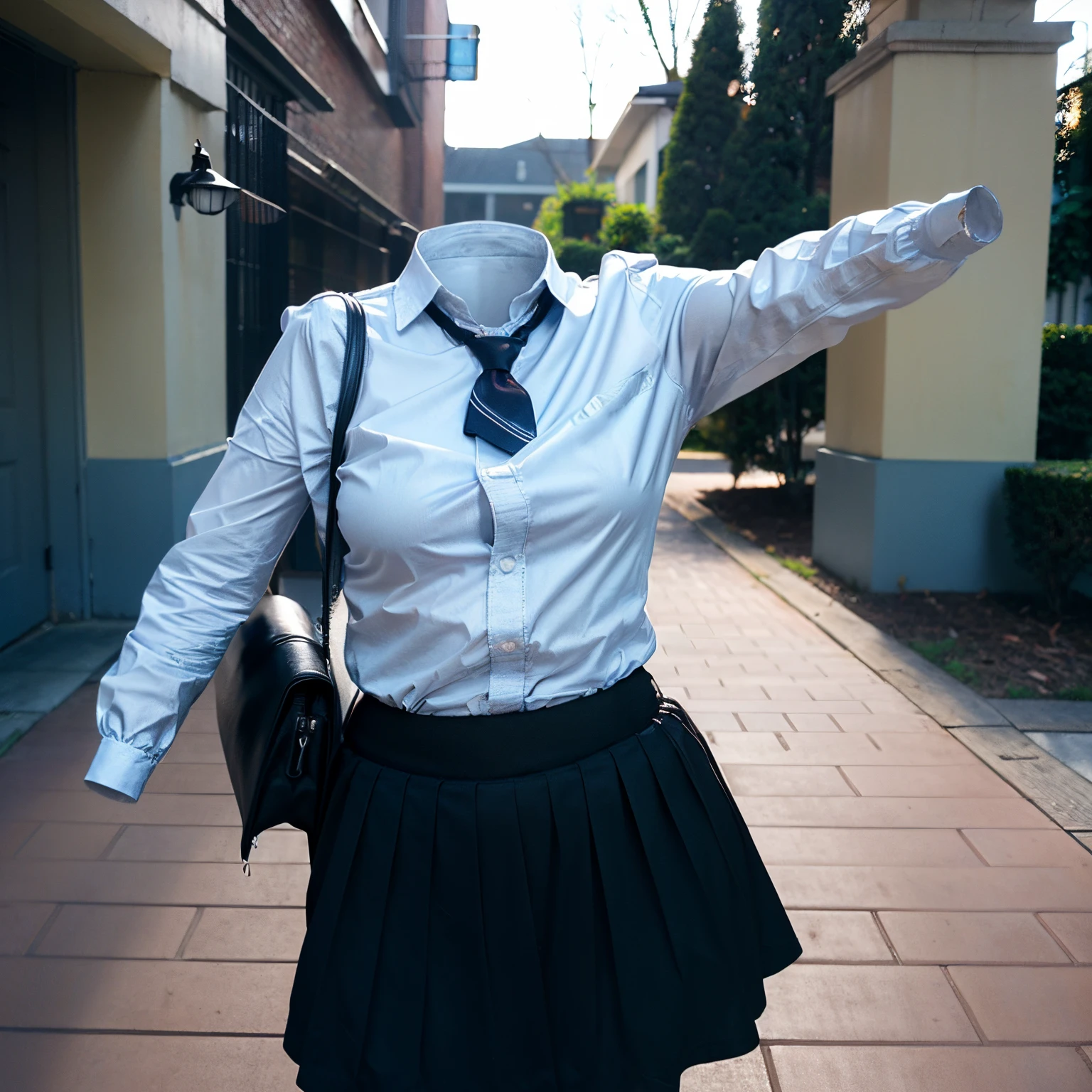 chubby, fat, school uniform, (lifting a girl's skirt, flipping up a skirt), school tie, going home from school, school bag, (Swayback stance, Seductive pose), (invisible:1.5, no humans:1.5, headless:1.5, faceless:1.5), (cute big breasts), (8k, RAW photo, best quality, masterpiece:1.2), (realistic, photo-realistic:1.37), photon mapping, radiosity, ((Hasselblad photography)), physically-based rendering