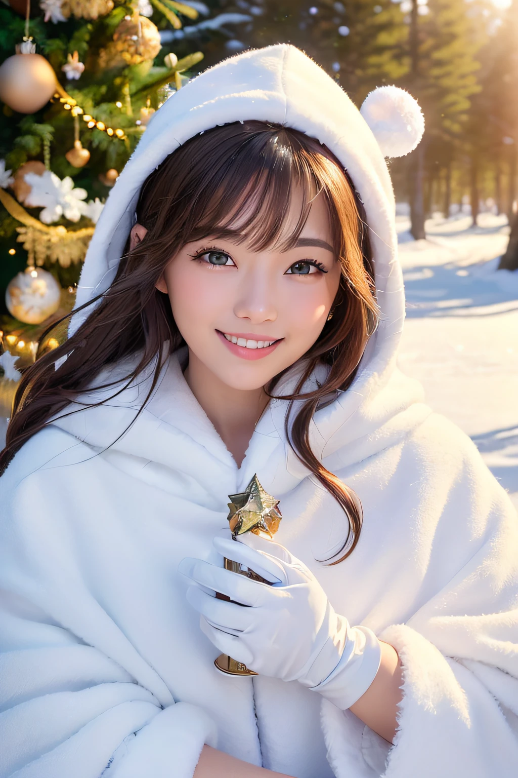 (Highly detailed CG Unity 8k wallpaper, top quality, ultra-detailed, high resolution, masterpiece, realistic, photorealistic:1.5), (cute Japanese girl), extremely detailed face, face focus, beautiful detailed eyes, eye focus, (detailed background), detailed clothes, super detailed skin, (white hood:1.3), (white long cloak:1.5) , (white wool gloves:1.5), (soft sunlight:1.5), (in the winter forest:1.3), (snowing a lot:1.3), (Christmas tree:1.3), (lots of Christmas gift boxes), midi wavy hair, brown hair, floating hair, medium breast, medium ass, (make up), (adorable smile:1.3), (POV:1.6),