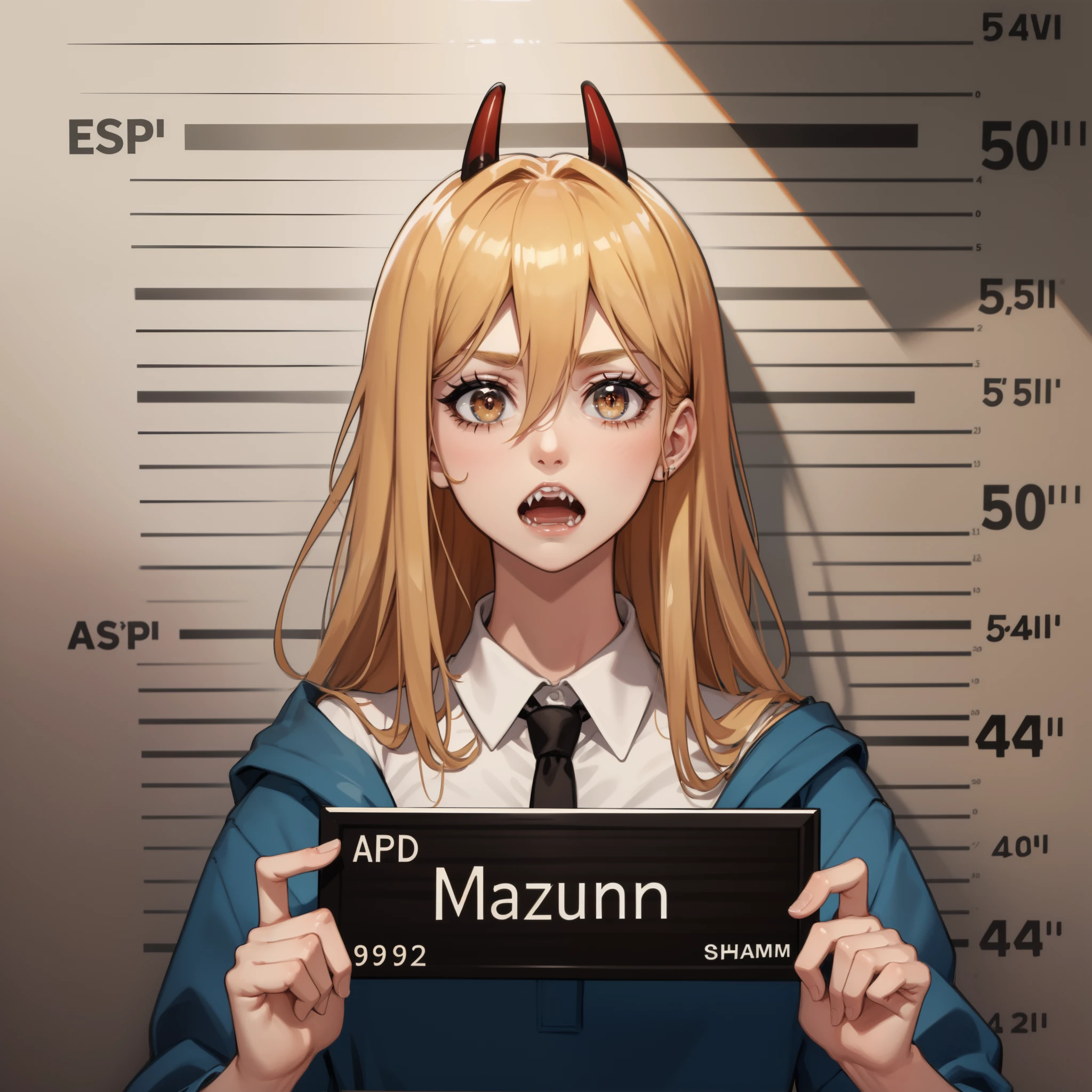 Masterpiece, high quality, best quality, ultra detailed, 1girl, blonde hair, english text, fake cover, power, power from chainsawman, default_cloth, cross-shaped pupils, sharp teeth, blue jacket, collared shirt, black necktie, black pants, looking at viewer, magazine cover, photo \(medium\), solo
good anatomy, masterpiece, best quality, 4k, 8k, 1girl,concept_barbie_mugshot_ownwaifu, holding, barbie_mugshot_(meme), height_mark, height_chart, nameplate, (holding sign:1.1), letterboxed, looking at viewer, meme, mugshot, open mouth, solo, upper body,