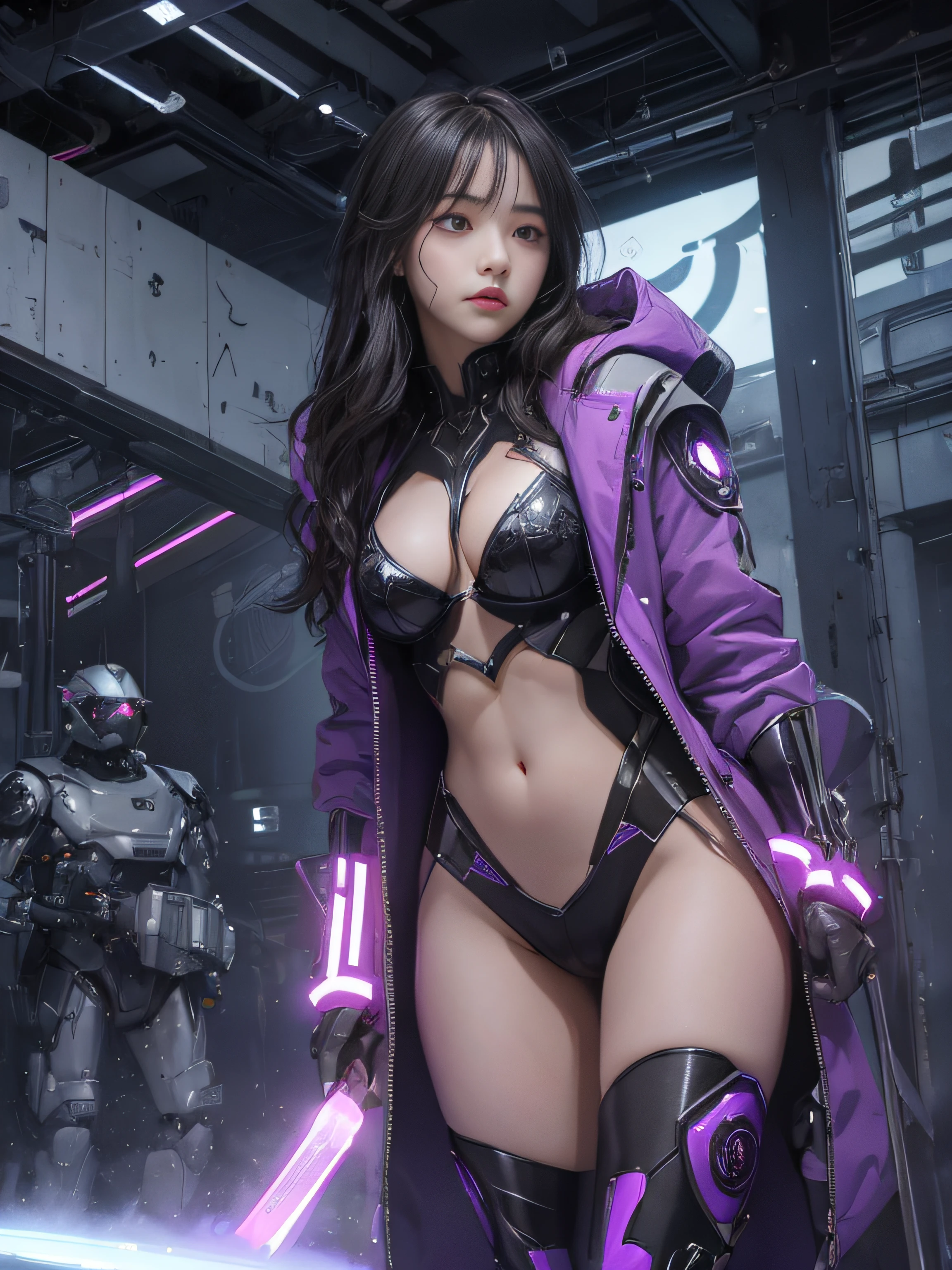 top-quality、masterpiece、超A high resolution、(Photorealsitic:1.4)、Detailed CG image quality、女の子1人、(sad Facial expression:1.4), years, Black hair、glowy skin、1 girl in、((super realistic details))、portlate、globalillumination、Shadow、octan render、8K、ultrasharp、(Colossal tits)、Wear a hooded coat with a futuristic and flashy pattern、Loose trousers、The abdomen is exposed with raw skin、(Hard erection:1.4)、( looking upwards:1.4), (Using a smart device), Futuristic glowing accessories、highly intricate detail、Realistic light、CGSoation Trends、a purple eye、radiant eyes、Facing the camera、neon details、Running、head phone、Small LED lamp、Bokeh background, purple color lighting, There are a lot of robots behind you、