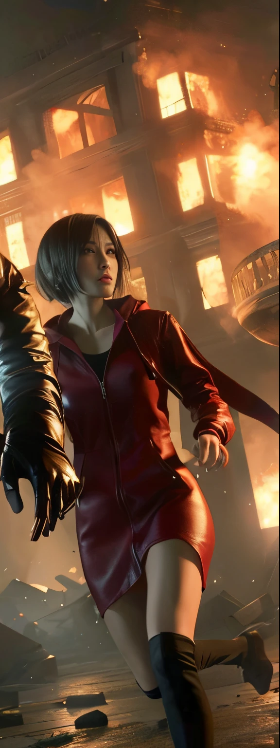 Woman, Ada wong, panic expression, wearing mini reddress with hoody, black nails polish