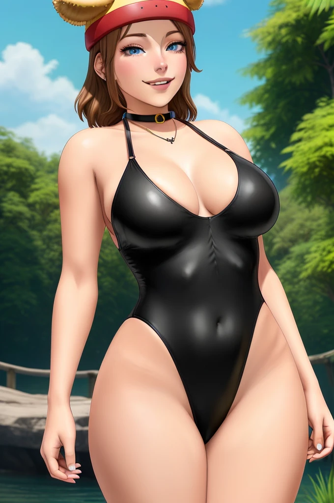 (8k, best quality, masterpiece:1.2), (realistic, photo-realistic:1.37), ultra-detailed, 1 girl,cute, solo, ,beautiful detailed blue eyes, medium wavy hair, , thick thighs, standing in the jungle, , smiling, looking at viewer, ,light brown hair, black lips, black lipstick, full body view, , whole body shot, red hat, chubby, , nsfw, choker, yellow one piece swimsuit