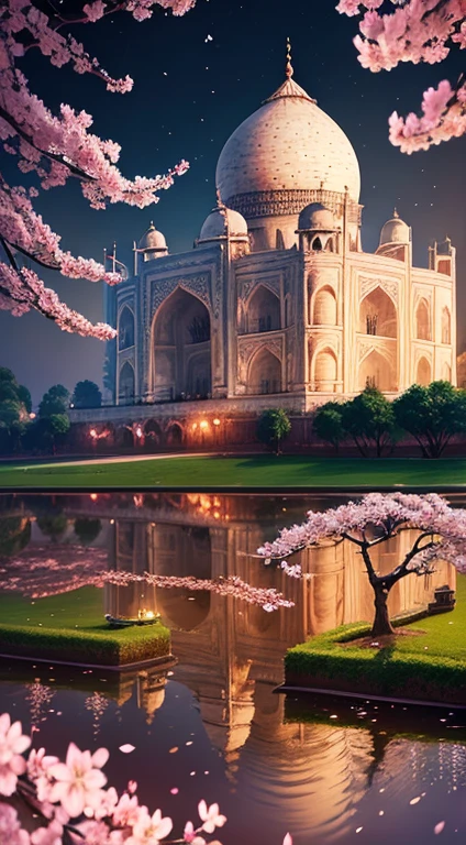Ultra realistic 8k picture, cherry blossoms tree,leaf raining, Taj Mahal between cherry blossom trees, night view