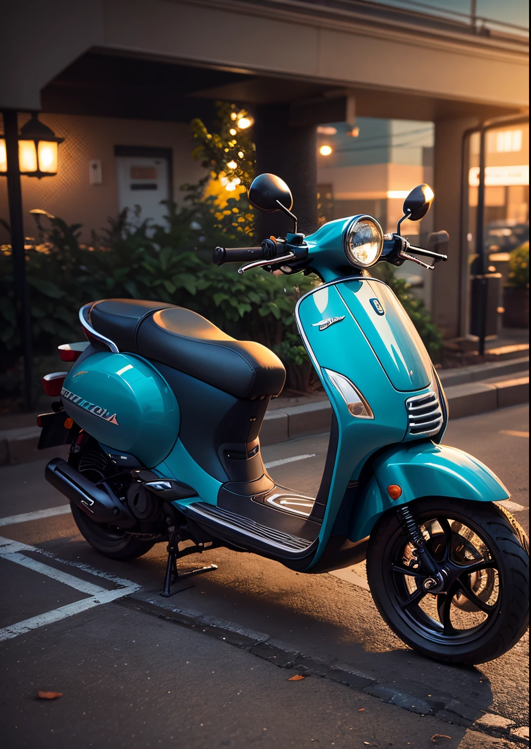 there is a blue scooter parked in a parking lot, leaked photo, front side full, custom scooter, cinematic full shot, 35840k film, morning shot, taken with sony alpha 9, right side profile, profile view, left profile, moped, side front view, leaked image, 3/4 side view, at dusk!