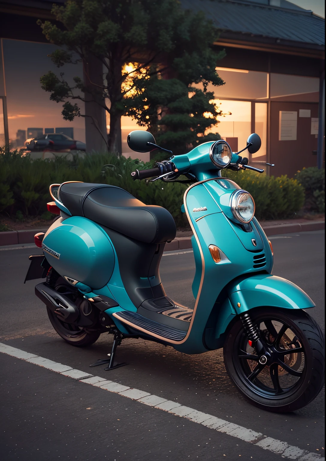 there is a blue scooter parked in a parking lot, leaked photo, front side full, custom scooter, cinematic full shot, 35840k film, morning shot, taken with sony alpha 9, right side profile, profile view, left profile, moped, side front view, leaked image, 3/4 side view, at dusk!