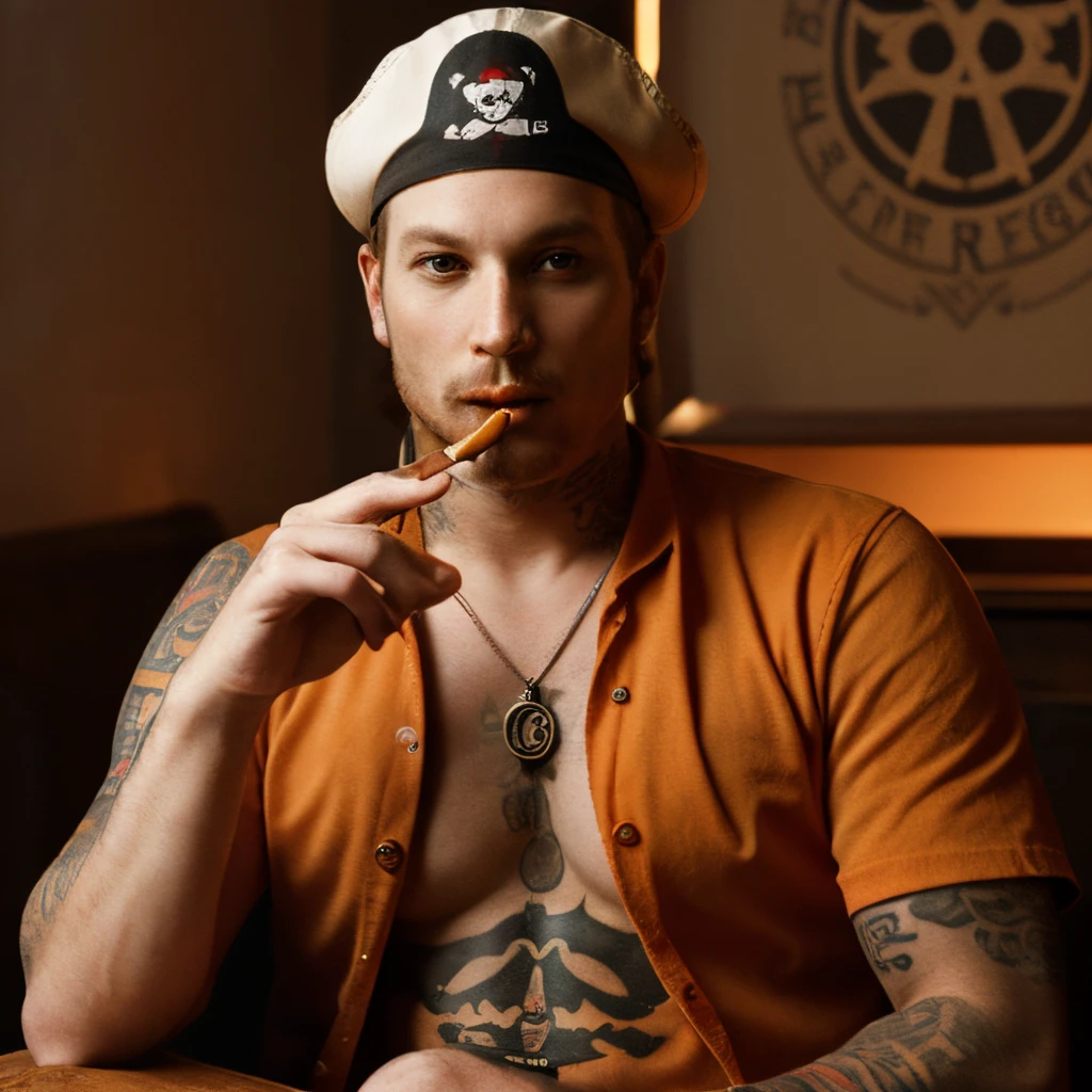 Christian Pirate with a chi rho tattoo, smoking a cigar, orange colored clothes