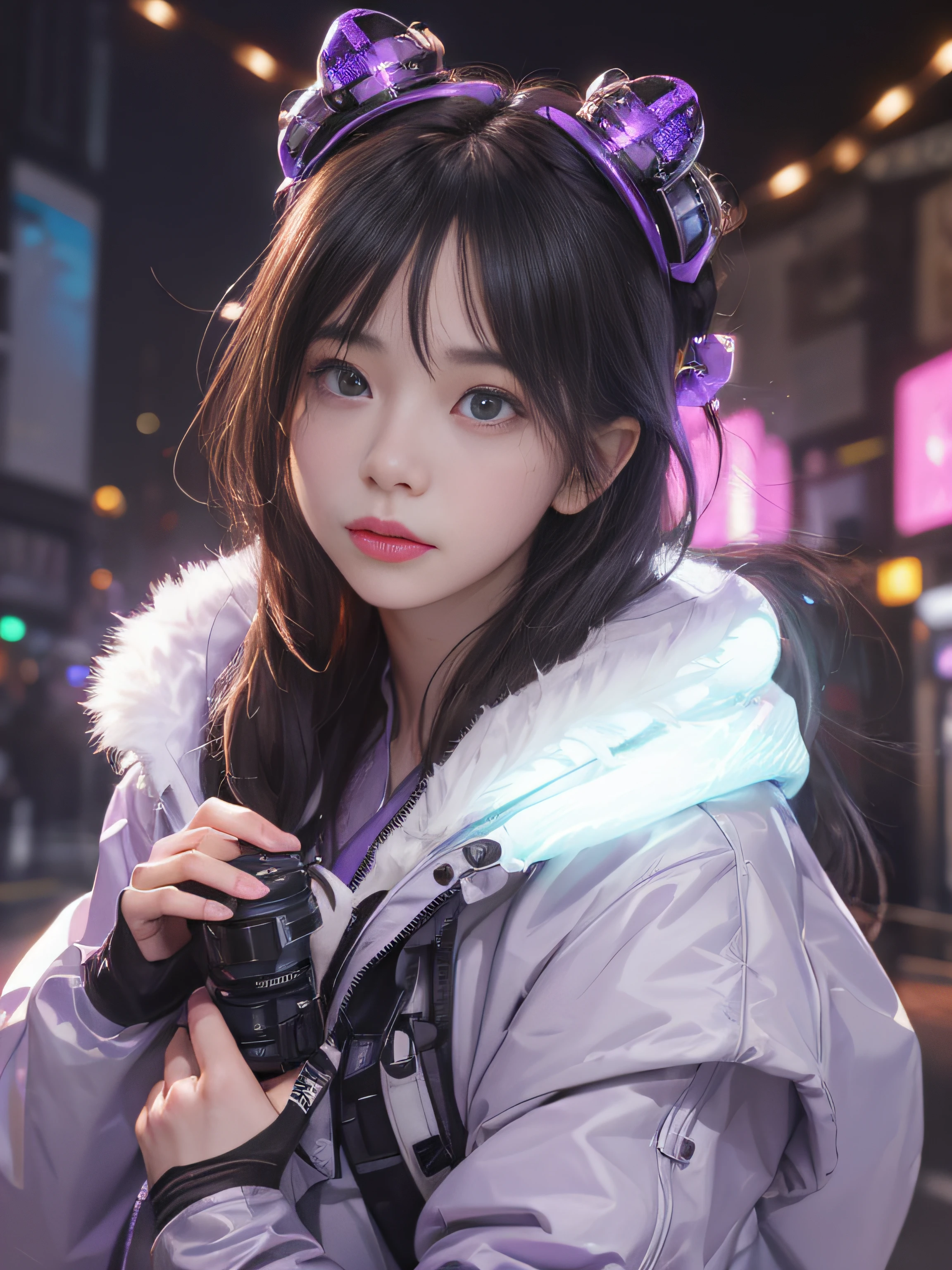top-quality、masterpiece、超A high resolution、(Photorealsitic:1.4)、Detailed CG image quality、女の子1人、(sad Facial expression:1.4), 13years, Black hair、glowy skin、1 girl in、((super realistic details))、portlate、globalillumination、Shadow、octan render、8K、ultrasharp、(Colossal tits)、Wearing a futuristic idol costume、Wear a seven-color see-through hooded coat、Loose trousers、The abdomen is exposed with raw skin、(Hard erection:1.4)、( looking upwards:1.4), (Using a smart device), Futuristic glowing accessories、Mechanical Hair Ornament、highly intricate detail、Realistic light、CGSoation Trends、a purple eye、radiant eyes、Facing the camera、neon details、Running、head phone、Small LED lamp、Bokeh background, purple color lighting, Background of the Tokyo of the Future、
