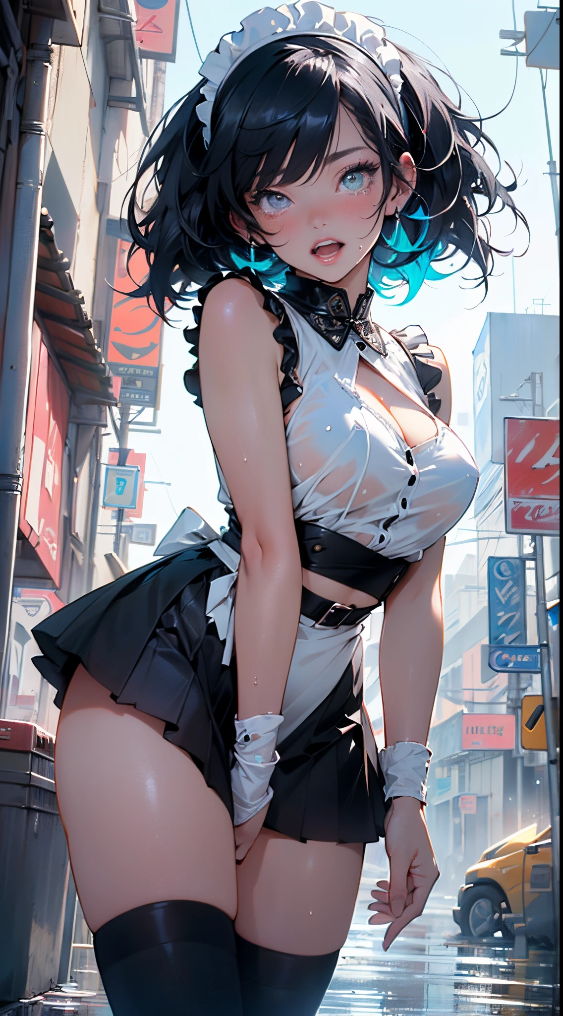 maid girl,((1girl)),((maid girl with extremely cute and beautiful black hair)),

(large breasts:1.4),bountiful breasts,fluffy breasts,H cup bust,bust up,bulging bust top,(((black bob hair:1.35,colored inner hair,short hair,ear breathing))),((heterochromia:1.5, (purple_eye and blue_eye))),big eyes:1.3,((fat)),(((lustrous skin:1.5,bright skin: 1.5,skin tanned,shiny skin,very shiny skin,shiny body,plastic glitter skin,exaggerated shiny skin,illuminated skin,wet legs))),(spider lower abdomen,narrow waist,wide hip,athletic body,inflated legs,detailed body,(detailed face)),

cute,slutty,seductive,erotic,((nsfw)),

zettai ryouiki,(maid headdress),maid uniform,Headdress,(maid),sleeveless,mini skirt,boots,cleavage cutout,bare legs,clothes with a lot of lace frills,((wet clothes,intricate outfit,intricate clothes)),

(dynamic pose:1.0),solo focus,embarrassed,blush,sweat,((tears,open mouth)),moist eyes,(centered,scale to fit dimensions,Rule of thirds),

cyberpunk city by the ocean at night, with bright neon signs and dark stormy clouds and puddles, scenery:1.25,nighttime, starry night, cosmos,Very dark night that makes the neon lights stand out, very bright neon lights,nighttime, starry night, cosmos,

artistic photography,(photography taken by sldr),highres, sharp focus,(ultra detailed, extremely detailed), (photorealistic artwork:1.37),(extremely detailed CG unity 8k wallpaper),((synthwave background theme)),(((vibrant colors))),intricate,(intricate background),(masterpiece),(best quality),perfect rendered face,perfect face details,realistic face,photo realistic,analog style,((intricate detail)),(((realism))),