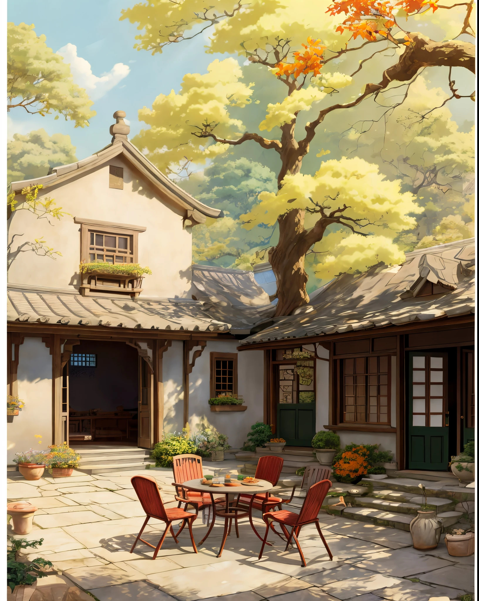 Draw a courtyard with tables and chairs and a tree, Chinese courtyard, the structure of the house is simple in Chinese, warm late autumn warm colors, tables and chairs in the yard, fruit plates on the table, flowers and plants around, beautiful artwork illustrations, landscape artwork, autumn, Zhou Chen, there is a persimmon tree, full of red persimmons, lens wide angle, far view, master works, anime background art, Studio Ghibli art, Studio Ghibli environment, beautiful digital painting, detailed scenery - width 672, Studio Ghibli style, Studio Ghibli Sunshine, beautiful digital artwork, painted by Ni Yuanlu, Studio Ghibli painting style