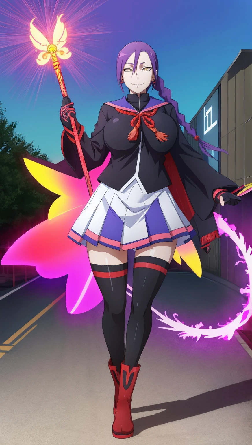 NSFW,masterpiece,highest quality,High resolution,1 person,Miyu Edelfelt,purple magical girl uniform,leotard,removed sleeve, boots, cape,small breasts,City of night,my pussy is wet,my nipples are erect,shy,excited,blush,smile,(Squirting:1.8)