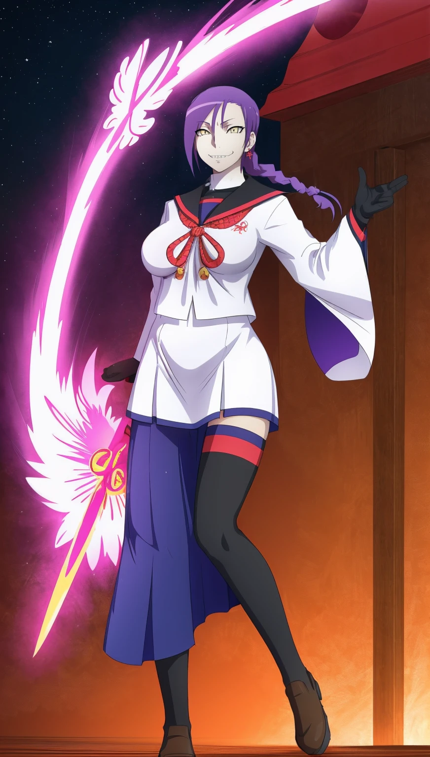 1girl, solo, looking at viewer, cowboy shot, hand arms full body,boots, standing,cute,breast, curvy, female,fantasy goddess,there is a cartoon picture of a woman with a very large breast, glowing divine being, glowing holy aura, inspired by Luma Rouge, the non-binary deity of spring, ethereal rainbow nimbus, the butterfly goddess of fire, inspired by Mariel, glowing aura around her, astral wind, as the goddess of the saturn, “uwu the prismatic person, big breast, serious, beautiful eyes, , full body, walking, long robe, long dress, ,priestess ,holy, smile, god rays, ray tracing, sparkle, cinematic lighting, UHD, retina, masterpiece, ccurate, anatomically correct, textured skin, super detail, high details, high quality, award winning, best quality, highres, 1080P, HD, 4K, thunder aura, light aura,full, snak staff,closed mouth,#anime #character #re:creators #magane chikujoin Trigger Words: chikujoin magane sharp teeth single braid school uniform serafuku pleated skirt thighhighs gloves earrings Version No.:, long skirt, sharpteeth smile
