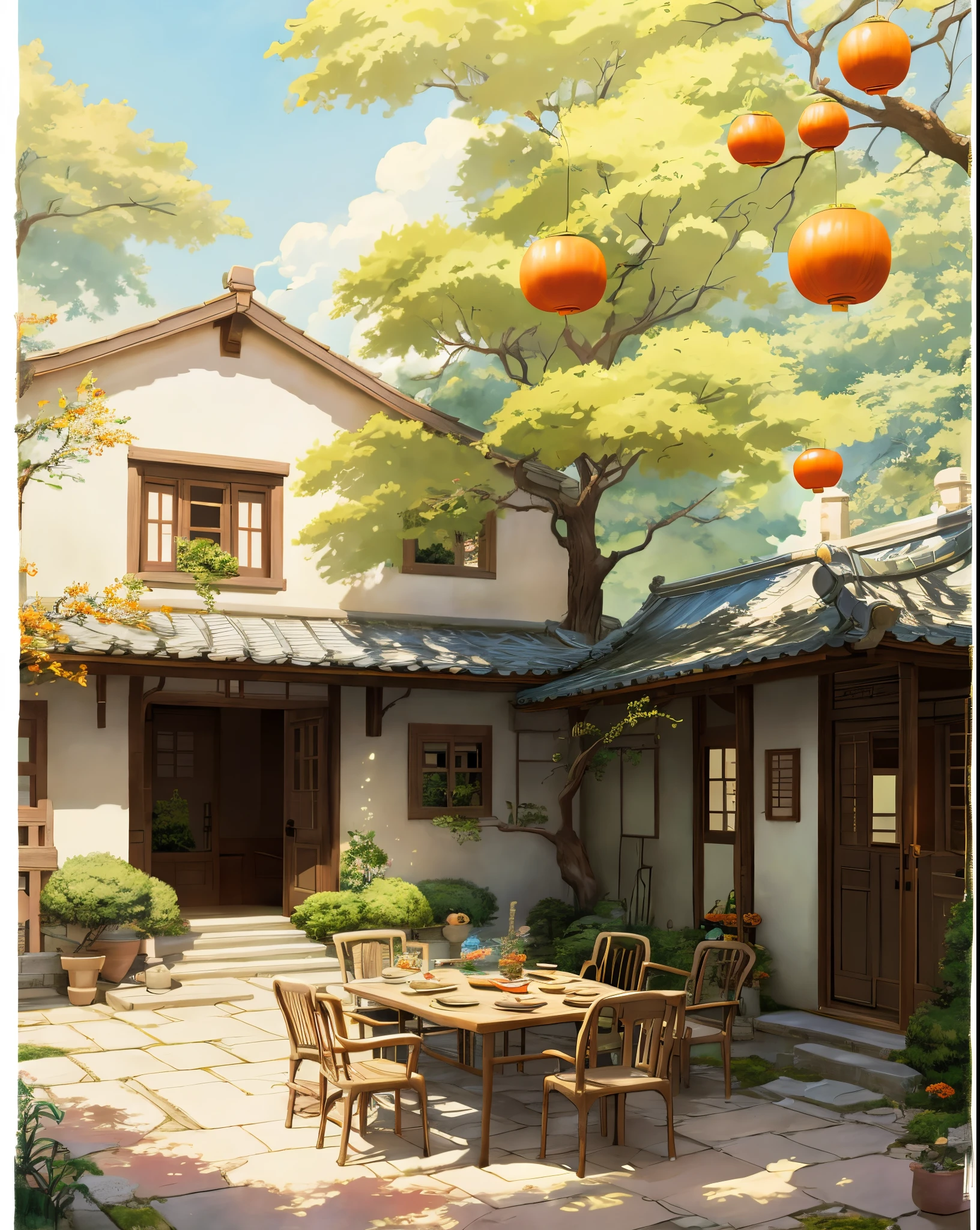 Draw a courtyard with tables and chairs and a tree, Chinese courtyard, the structure of the house is simple in Chinese, warm late autumn warm colors, tables and chairs in the yard, fruit plates on the table, flowers and plants around, beautiful artwork illustrations, landscape artwork, autumn, Zhou Chen, there is a persimmon tree, full of red persimmons, lens wide angle, far view, master works, anime background art, Studio Ghibli art, Studio Ghibli environment, beautiful digital painting, detailed scenery - width 672, Studio Ghibli style, Studio Ghibli Sunshine, beautiful digital artwork, painted by Ni Yuanlu, Studio Ghibli painting style