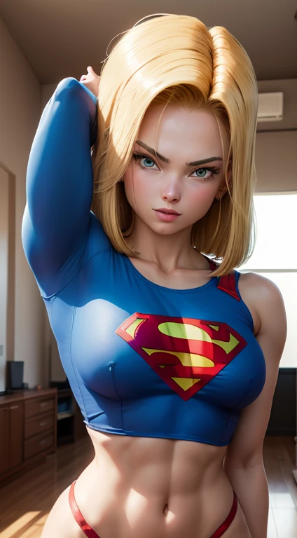 Android 18 como a supergirl( foto de corpo inteiro), ((blue swimsuit)), loira do cabelo curto, usando uma capa vermelha ((seios grande)), peitos grande, Very seductive athletic body, pose sedutora, sorridente, fofo, muito fofo, Ultra High Definition, master part, Ultra alta qualidade, detalhamento ultra, 8k, Wrecked City, usando traje da super girl, com s do Superman, Destroyed City Apocalypse, heroic pose