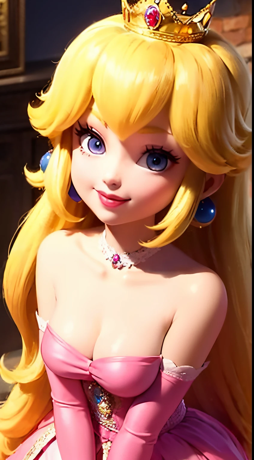 (Inside a castle setting,) A petite Princess Peach wearing a beautiful hot pink dress, she is gentleand compassionate and is shown smiling gently, she wears a golden crown atop her blond hair and white gloves. She is a tall, extremely beautiful young princess with a fair skin complexion, light blue eyes, dark yellow eyebrows, and a small nose. She has six long eyelashes on each eye as well as dark eyeliner. Her lips are round with pink lipstick. With a focus on her alluring chest, she is depicted in a close-up shot from below. She is smiling in a full nice body shot
