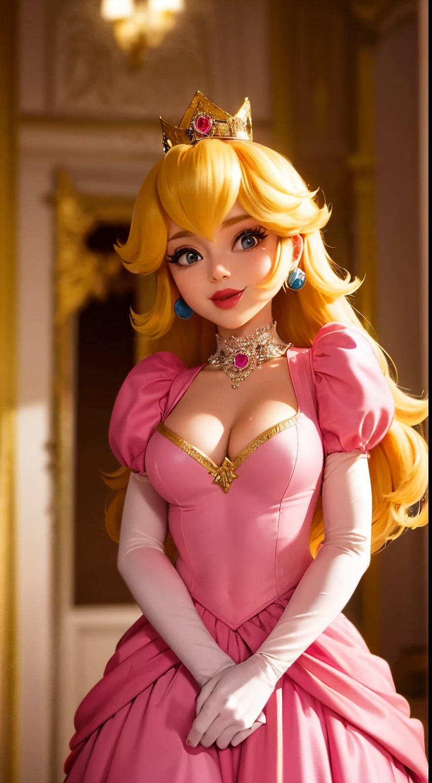 (Inside a castle setting,) A petite Princess Peach wearing a beautiful hot pink dress, she is gentleand compassionate and is shown smiling gently, she wears a golden crown atop her blond hair and white gloves. She is a tall, extremely beautiful young princess with a fair skin complexion, light blue eyes, dark yellow eyebrows, and a small nose. She has six long eyelashes on each eye as well as dark eyeliner. Her lips are round with pink lipstick. With a focus on her alluring chest, she is depicted in a close-up shot from below. She is smiling in a full nice body shot