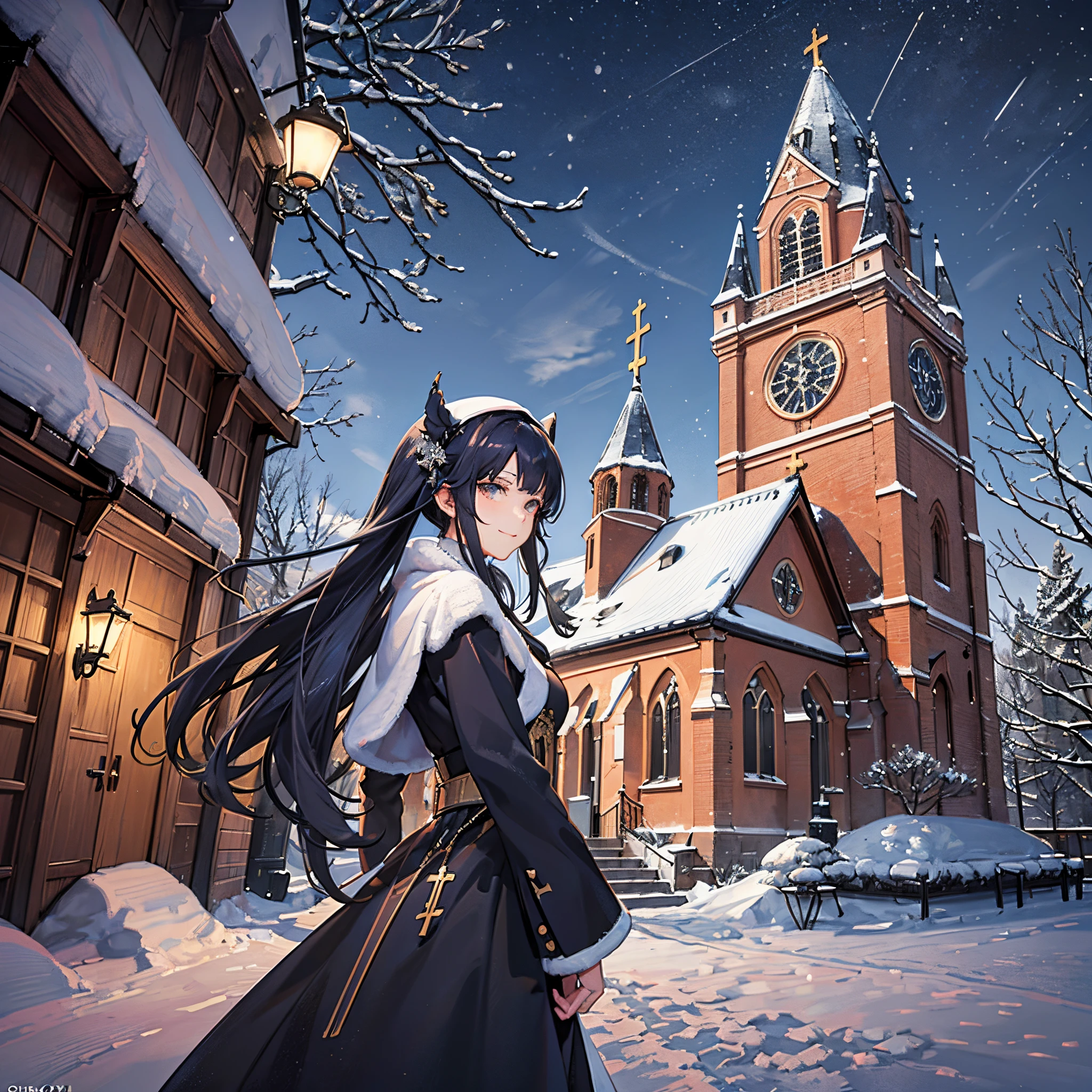 ((Finest quality)),(超A high resolution),(ultra-detailliert),(Meticulous portrayal),((Best Anime)),(Finest works of art),Ultra-Precision Art,The art of astounding depiction,Overwhelming depiction:1.5, (1人の女性:1.5),Stargazing at the stars,Gentle smile:1.3, (nighttime scene:1.6),snowscape:1.3,(church covered in snow:1.5),starrysky,Sparkling light:1.5,