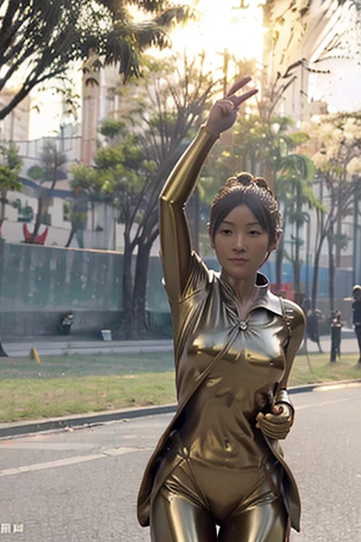 A triumphant Chinese female marathon runner, as a beautiful bronze statue, outstanding public art, tourist attraction, gleaming in sunlight, golden hour, 4k HD DSLR Nikon photog