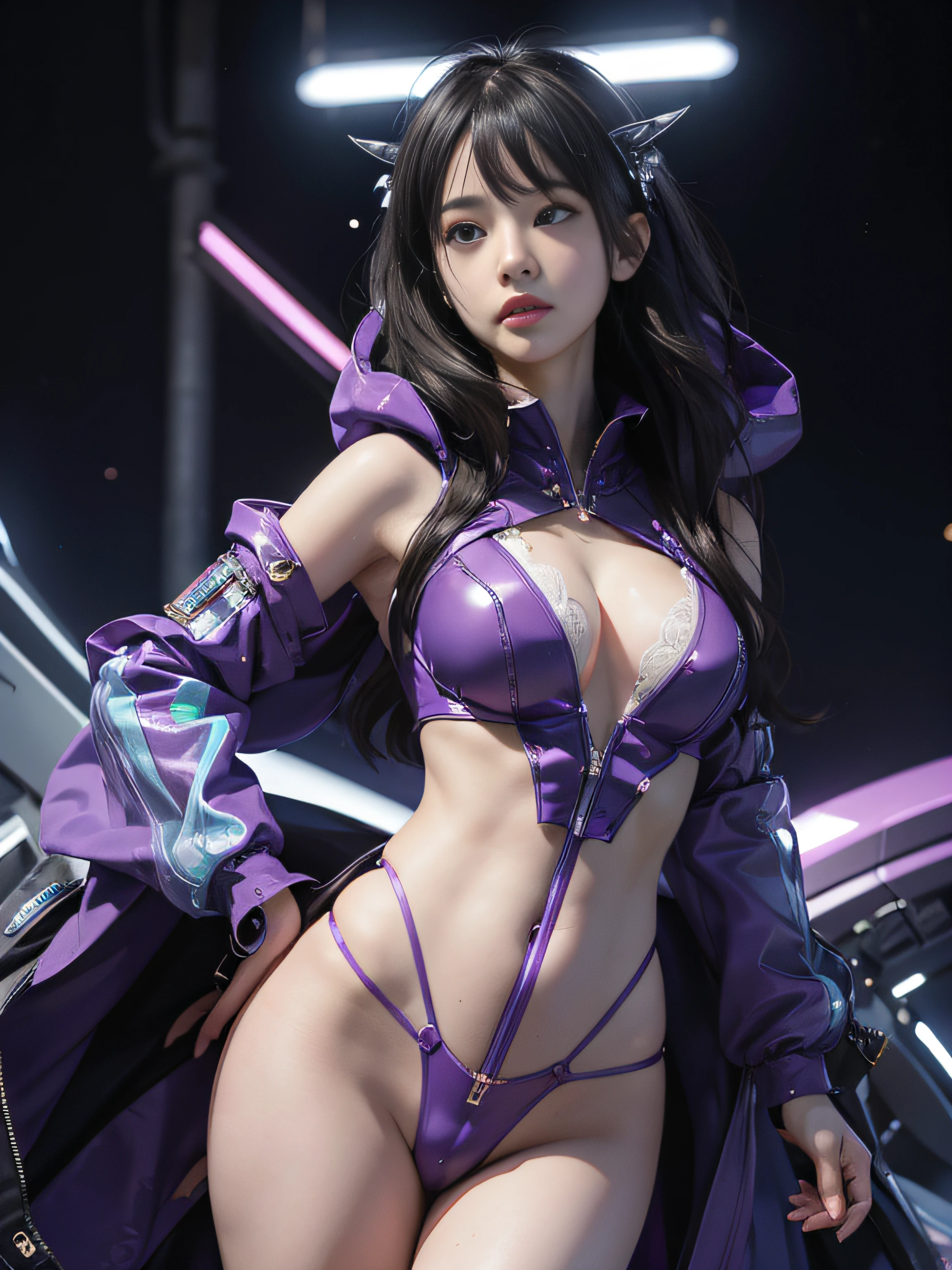 top-quality、​masterpiece、超A high resolution、(Photorealsitic:1.4)、Detailed CG image quality、女の子1人、(sad Facial expression:1.4), 13years, Black hair、glowy skin、1 girl in、((super realistic details))、portlate、globalillumination、Shadow、octan render、8K、ultrasharp、(Colossal tits)、Wearing a futuristic idol costume、Wear a see-through hooded coat in seven colors、Loose trousers、The abdomen is exposed with raw skin、(Hard erection:1.4)、( looking upwards:1.4), (Using a smart device), Futuristic glowing accessories、Mechanical Hair Ornament、highly intricate detail、Realistic light、CGSoation Trends、a purple eye、radiant eyes、Facing the camera、neon details、Running、head phone、Small LED lamp、Bokeh background, purple color lighting, Background of the Tokyo of the Future、
