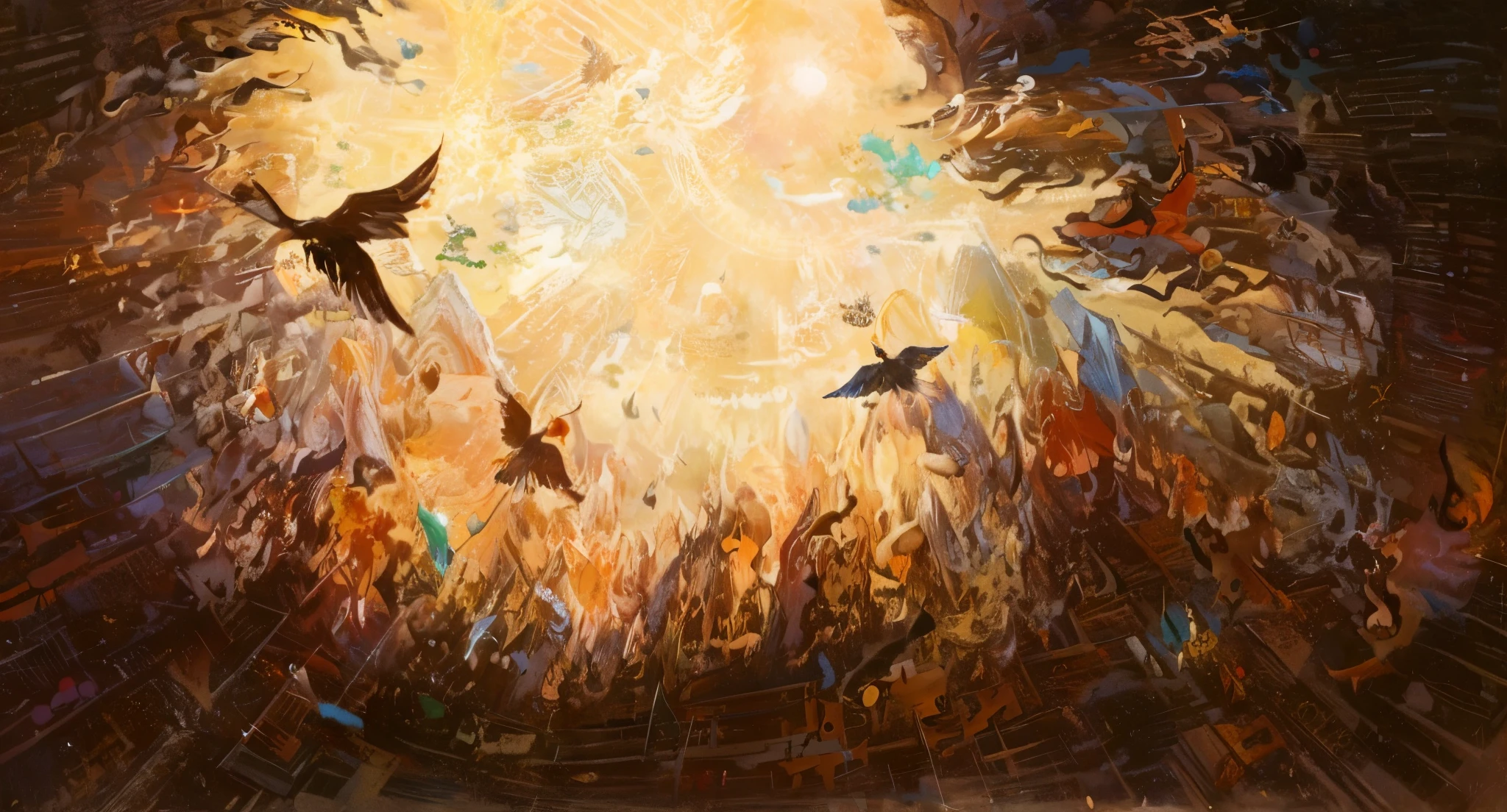 Illustration of birds flying in the sky with sun as background, an abstract spiritual background, Phoenix flying in the sun, mysterious blackbird, Huginn and muninn flying above,flocks of crows,  Surrounding mountains，surrounded by cloud，(Eastern disaster world，dunhuang，mountain water，Rock painting，)（q2 HD）（Dunhuang murals，Mingsha Mountain Crescent Bay，）（The fire of hell will burn all living beings to charcoal）（（（Black flame）））（The picture is very delicate，meticuloso）（The picture is very delicate，meticuloso）（hell， butterflys，fires， a sea of fire，buried in fire ，rise from ashes，light and shadows，Wind and fire，Destruction and Rebirth）（natural disasters）（The end of the world, Ancient Chinese legend Nuwa mends the sky，Pangu opens the world）