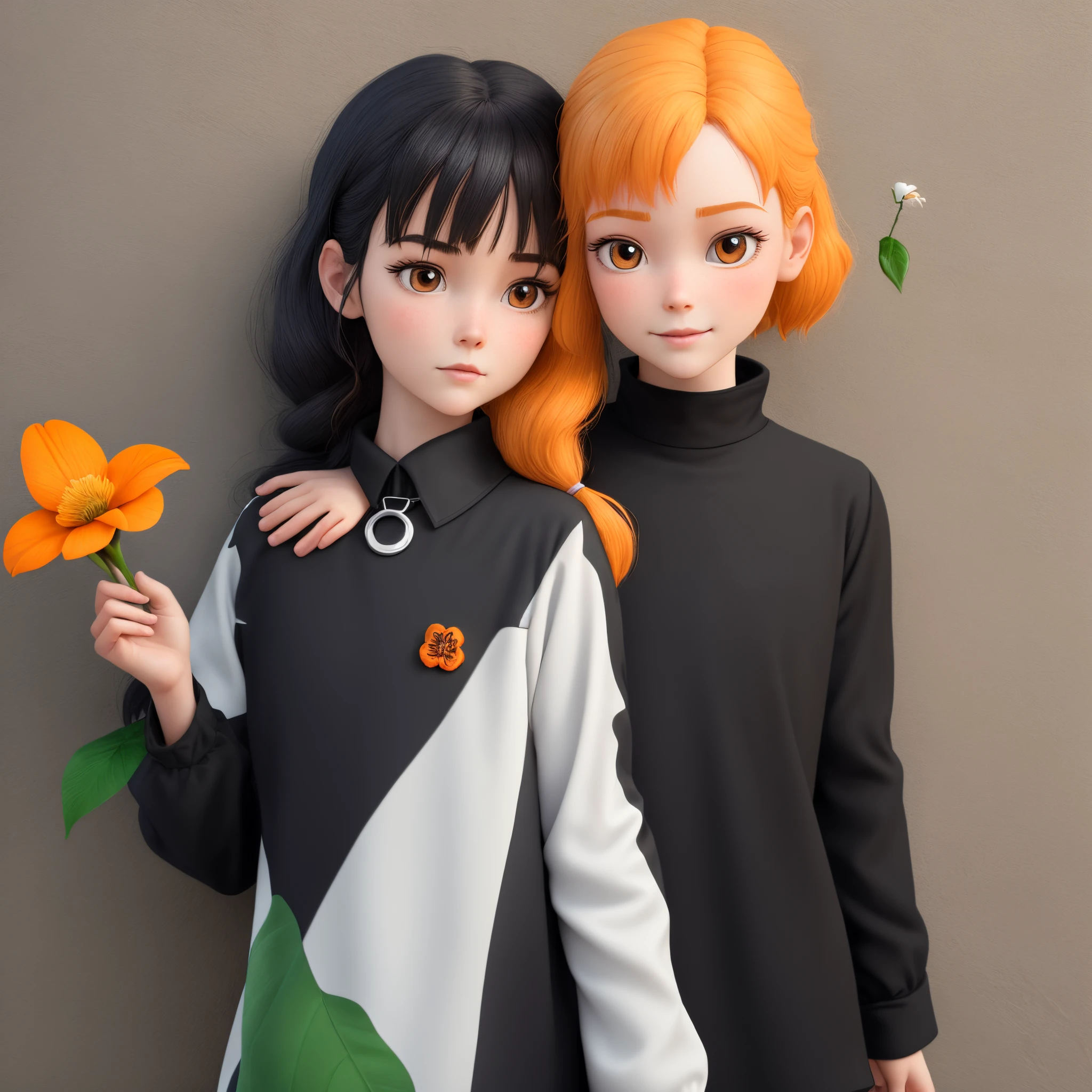 Disney Pixar character of a girl that the  elbow rests on the wall and the hand is on the head. And the color of her clothes is black long sleeve with  black collar With Lined of white. And his face is serious, her head has a white clip and a star clip. And One hand is holding an orange flower with leaf focused on his left face 3D image