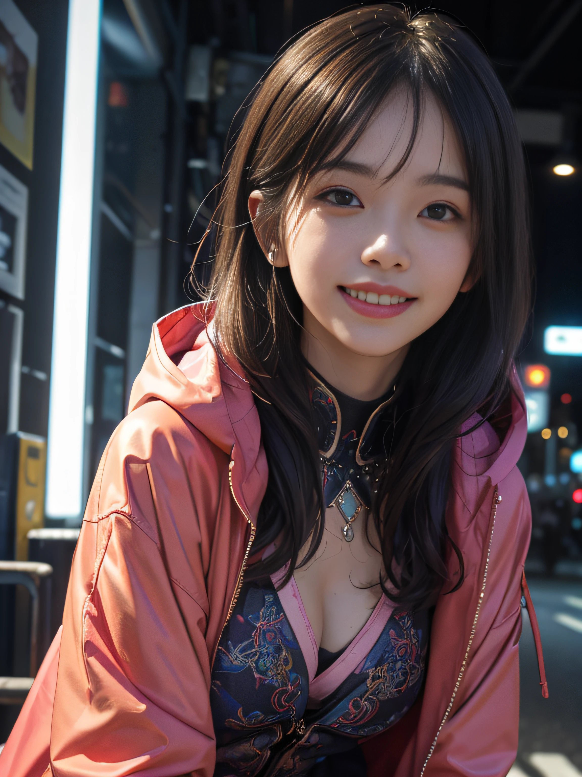 top-quality、​masterpiece、超A high resolution、(Photorealsitic:1.4)、Detailed CG image quality、女の子1人、(A smile:1.4), 13years, Black hair、glowy skin、1 girl in、((super realistic details))、portlate、globalillumination、Shadow、octan render、8K、ultrasharp、(Colossal tits)、Wearing a futuristic idol costume、Wear rainbow clothes, See-through hooded coat、(Hard erection:1.4)、( looking upwards:1.4), (Using a smart device), Futuristic glowing accessories、Mechanical Hair Ornament、highly intricate detail、Realistic light、CGSoation Trends、Moisturized eyes、radiant eyes、Facing the camera、neon details、Running、head phone、Small LED lamp、Bokeh background, LED lighting, Background of the Tokyo of the Future、biologically correct、