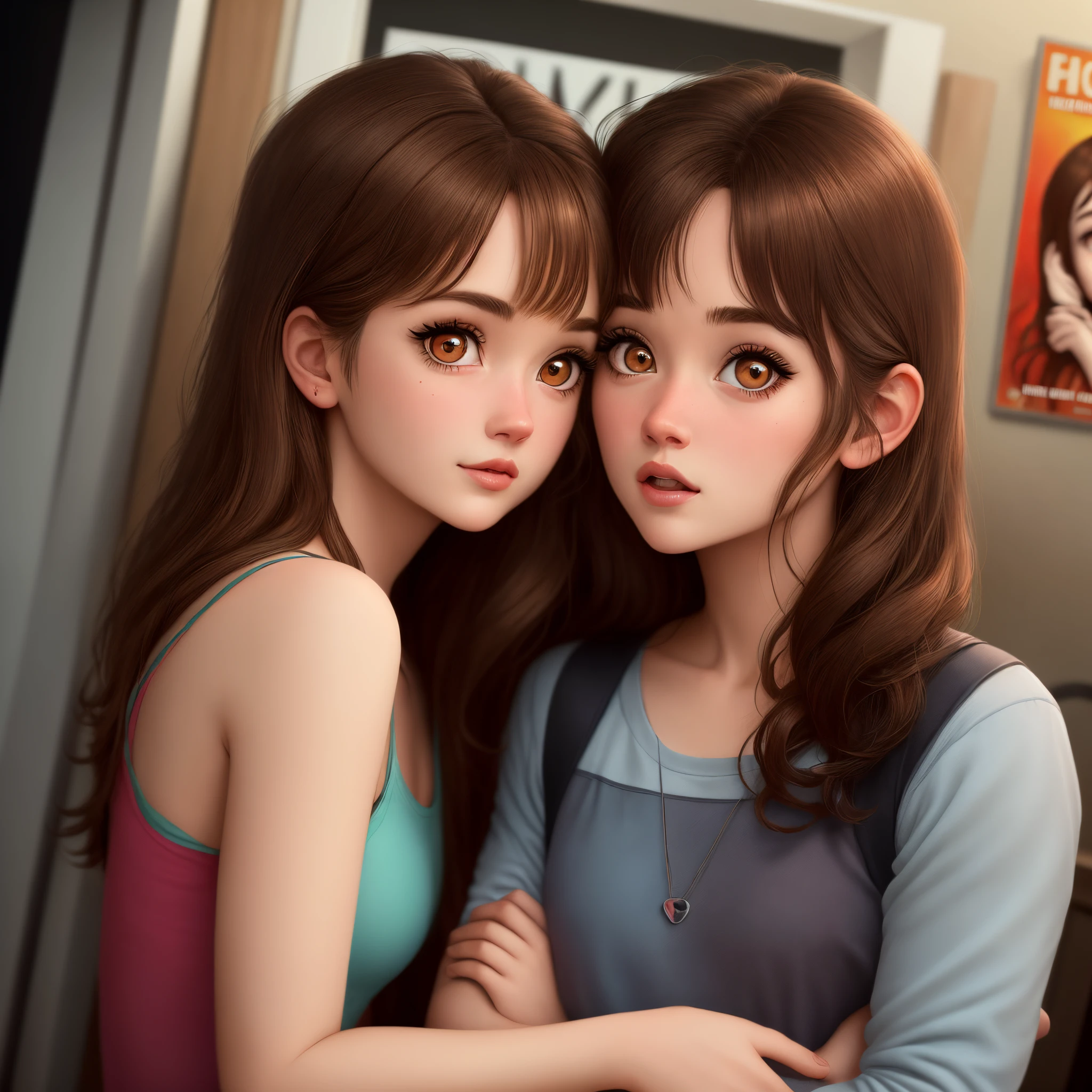 Two best friends in Pixar art style one with long brown hair and brown eyes and the other with short brown hair and hazel eyes in an horror film poster