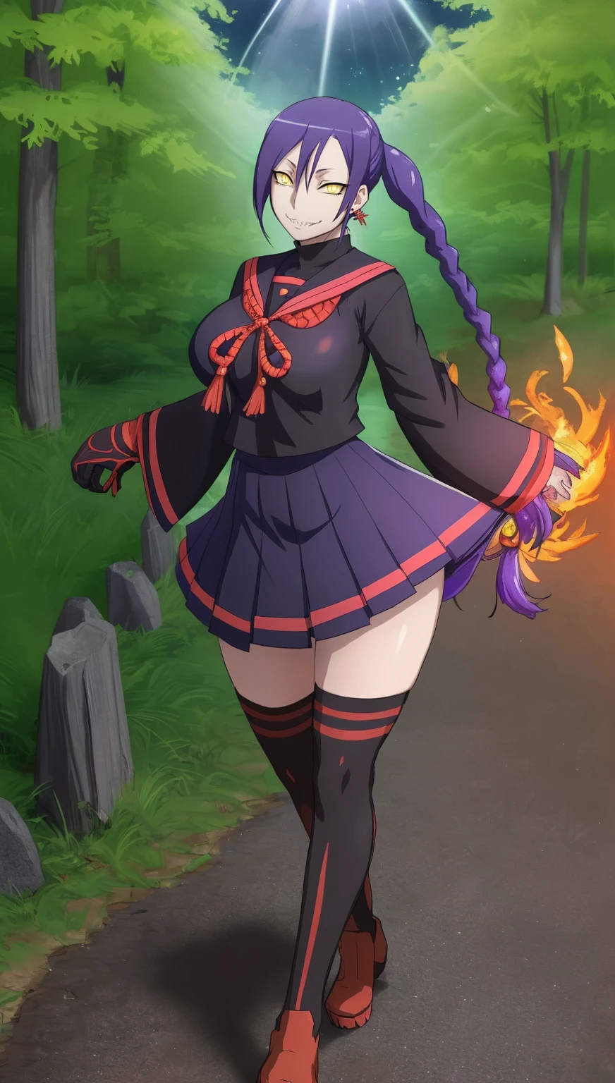 1girl, solo, looking at viewer, cowboy shot, hand arms full body,boots, standing,cute,breast, curvy, female,fantasy goddess,there is a cartoon picture of a woman with a very large breast, glowing divine being, glowing holy aura, inspired by Luma Rouge, the non-binary deity of spring, ethereal rainbow nimbus, the butterfly goddess of fire, inspired by Mariel, glowing aura around her, astral wind, as the goddess of the saturn, “uwu the prismatic person, big breast, serious, beautiful eyes, , full body, walking, long robe, long dress, ,priestess ,holy, smile, god rays, ray tracing, sparkle, cinematic lighting, UHD, retina, masterpiece, ccurate, anatomically correct, textured skin, super detail, high details, high quality, award winning, best quality, highres, 1080P, HD, 4K, thunder aura, light aura,full, snak staff,closed mouth,#anime #character #re:creators #magane chikujoin Trigger Words: chikujoin magane sharp teeth single braid school uniform serafuku pleated skirt thighhighs gloves earrings Version No.:, long skirt, sharpteeth smile