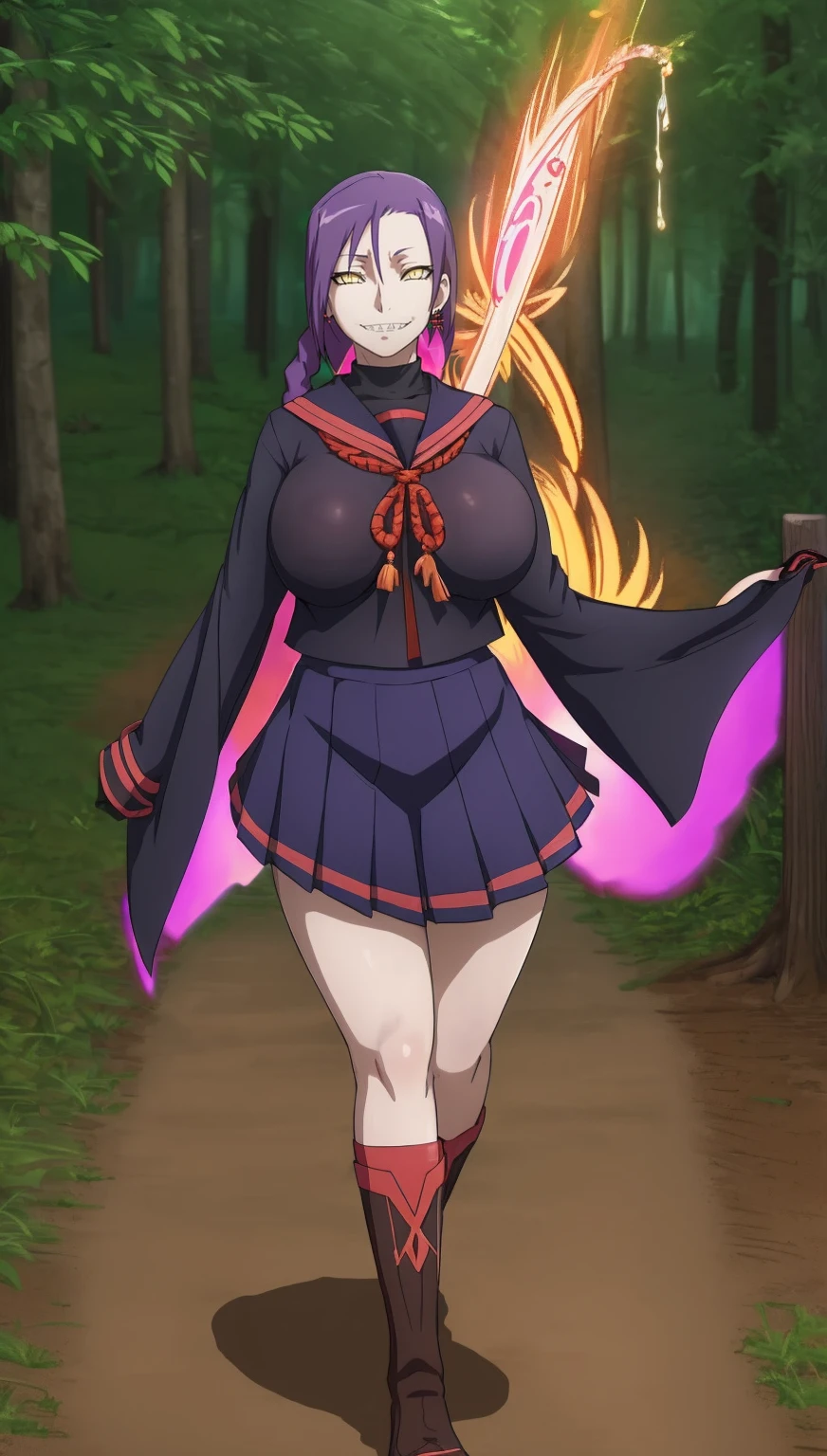 1girl, solo, looking at viewer, cowboy shot, hand arms full body,boots, standing,cute,, curvy, female,fantasy goddess,there is a cartoon picture of a woman with a very large breasting divine being, glowing holy aura, inspired by Luma Rouge, the non-binary deityspring, ethereal rainbow nimbus, the butterfly goddes fire, inspired by Mariel, glowing aura around her, astral wind, as the goddess of the saturn, “uwu the prismatic person, big breast, serious, bea eyes, , full body, walking, long robe, long dress, ,priestess ,holy, smile, god rays, ray tracing, sparkle, cinematic lighting, UHD, retina, masterpiece, ccurate, anatomically correct, textured skin, super detail, high details, high quality, award winning, best quality, highres, 1080P, HD, 4K, thunder aura, light aura,full, snak staff,closed mouth,#anime #character #re:creators #magane chikujoin Trigger Words: chikujoin magane sharp teeth single braid school uniform serafuku pleated skirt thighhighs gloves earrings Version No.:, long skirt, sharpteeth smile
