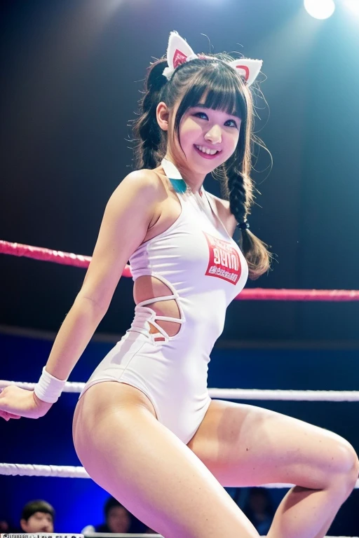 girl standing in a professional wrestling ring,cotton white school swimsuit,Hair Ribbon Bow,18year old,Bangs,A little smile,thighs thighs thighs thighs,Crotch,Knees,poneyTail,From below