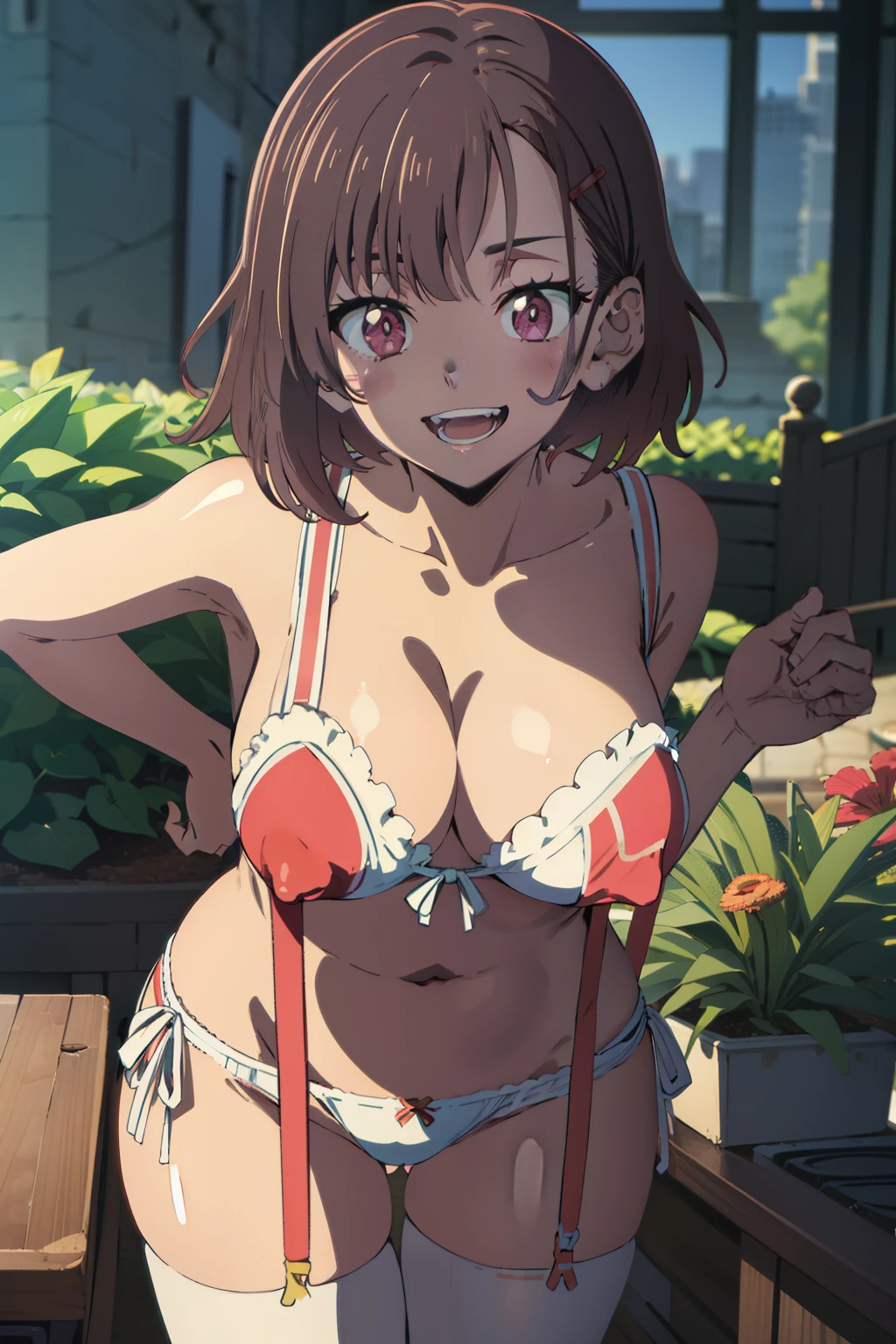 masterpiece, best quality, highres, aarurutie,1girl, white bra, erect nipples, , white tight panties, white suspenders and stockings. standing, garden, smile, open mouth,ShizukaMikazuki,short hair, brown hair, hair ornament, brown eyes, hairclip