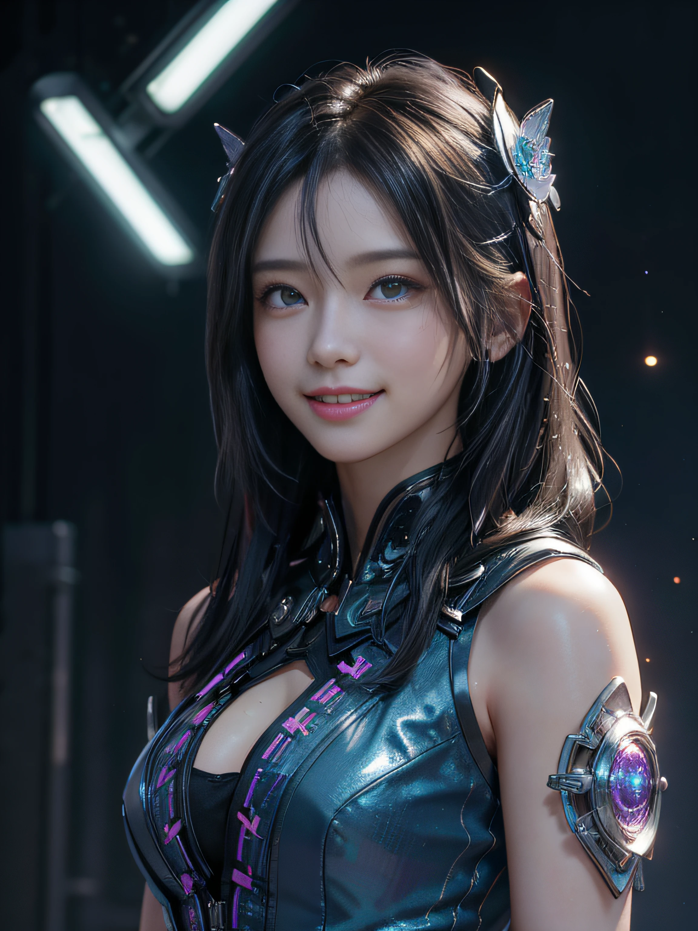 top-quality、​masterpiece、超A high resolution、(Photorealsitic:1.4)、Detailed CG image quality、女の子1人、(A smile:1.4), years, Black hair、glowy skin、1 girl in、((super realistic details))、portlate、globalillumination、Shadow、octan render、8K、ultrasharp、(Colossal tits)、Wearing a futuristic idol costume、Wear rainbow clothes, See-through hooded coat、(Hard erection:1.4)、( looking upwards:1.4), (Using a smart device), Futuristic glowing accessories、Mechanical Hair Ornament、highly intricate detail、Realistic light、CGSoation Trends、Moisturized eyes、radiant eyes、Facing the camera、neon details、Running、head phone、Small LED lamp、Bokeh background, LED lighting, Background of the Tokyo of the Future、biologically correct、