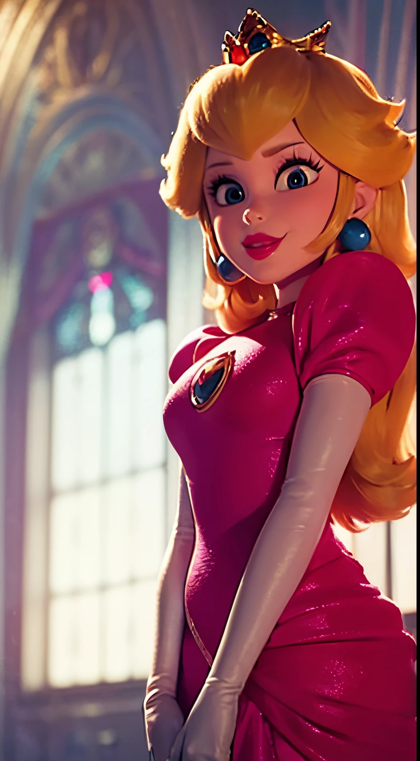 (Inside a castle setting,) A petite Princess Peach wearing a beautiful hot pink dress, she is gentleand compassionate and is shown smiling gently, she wears a golden crown atop her blond hair and white gloves. She is a tall, extremely beautiful young princess with a fair skin complexion, light blue eyes, dark yellow eyebrows, and a small nose. She has six long eyelashes on each eye as well as dark eyeliner. Her lips are round with pink lipstick. With a focus on her alluring chest, she is depicted in a close-up shot from below. She is smiling in a full body shot