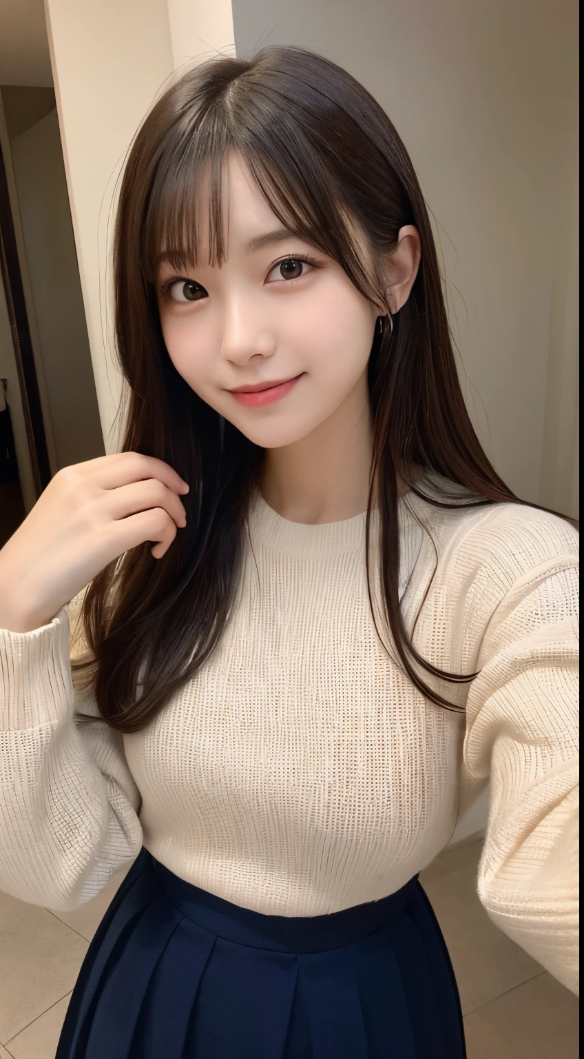 masutepiece, Best Quality, Illustration, Ultra-detailed, finely detail, hight resolution, 8K Wallpaper, Perfect dynamic composition, Beautiful detailed eyes, long sleeve knit and long skirt,Medium Hair,Small breasts natural color lip, Randomly sexy poses,Smile,entranceway、20 years girl、Cute、Sexy shot looking at camera,slender face,slender body,Shooting from above,Kamimei