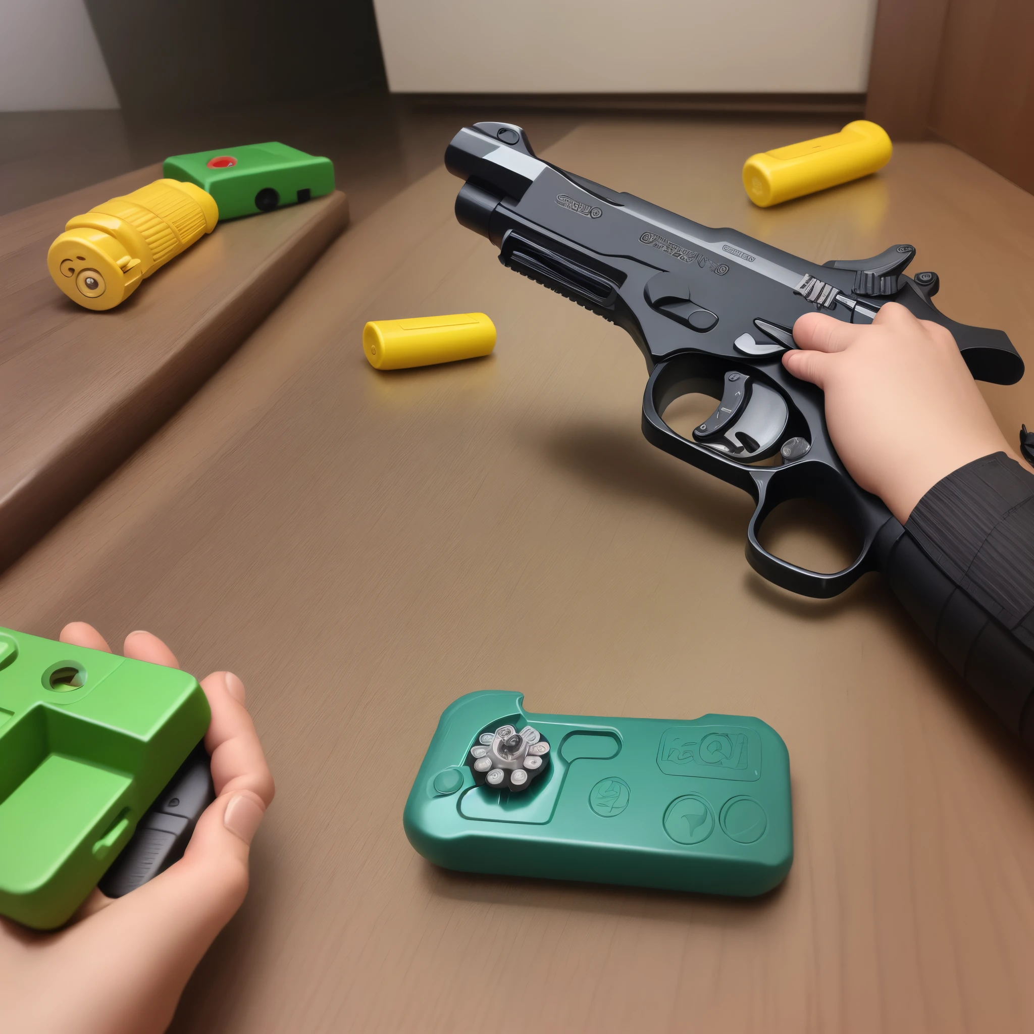 buatlah gambar seorang cowo yang sedang membidik papan tulis menggunakan pistol mainan
