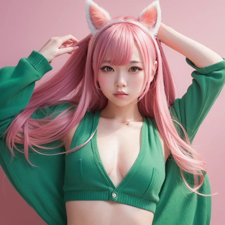 1girl in, animal_Ears, gradient, gradient_Background, Green_Background, up looking_で_viewer, Pink_hair, Solo by JM、Yoshiko Akishino