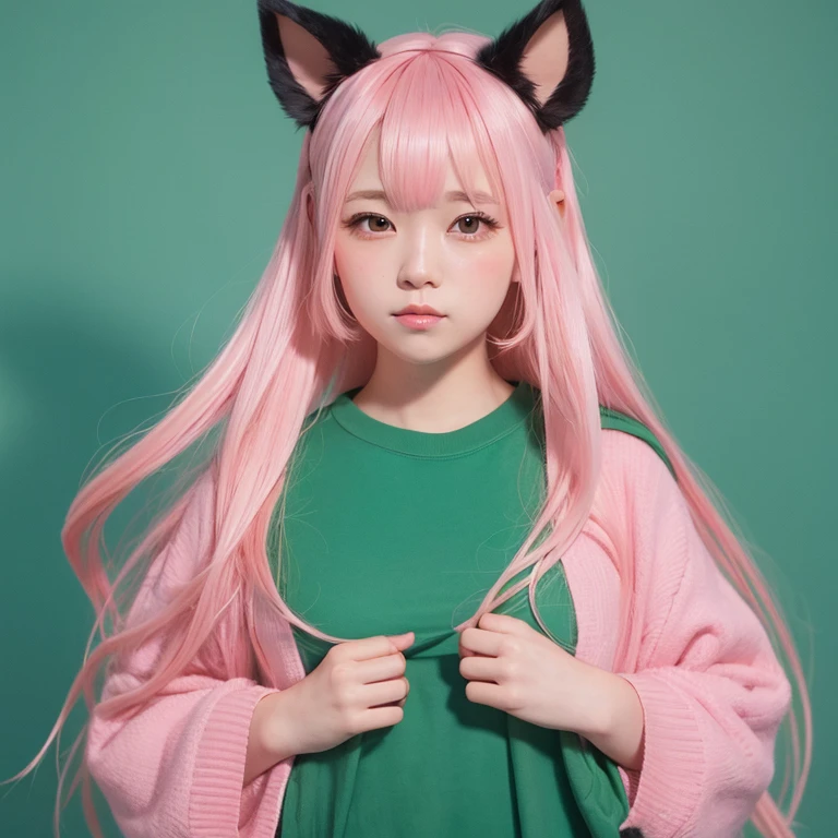 1girl in, animal_Ears, gradient, gradient_Background, Green_Background, up looking_で_viewer, Pink_hair, Solo by JM、Yoshiko Akishino